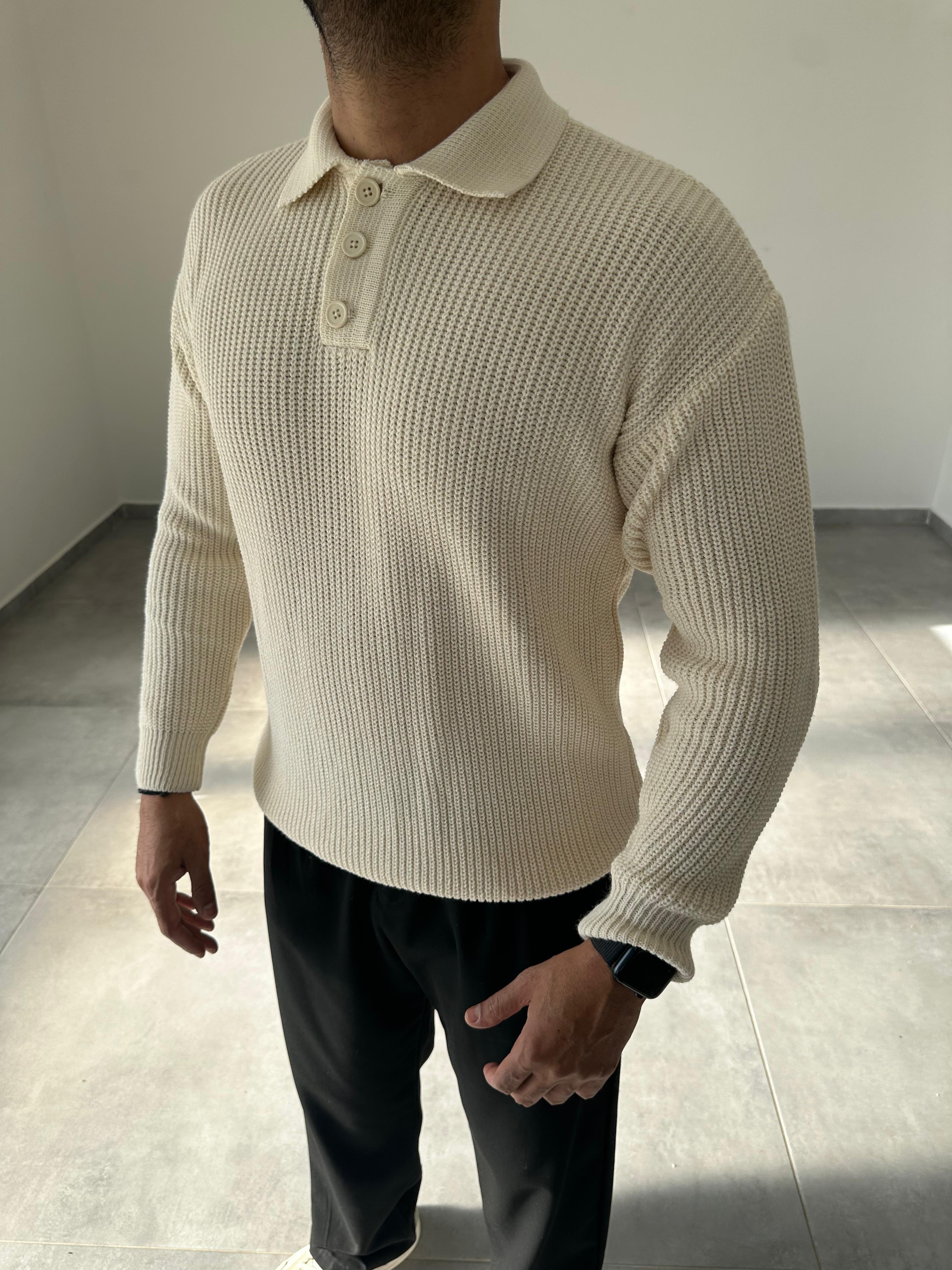 Ekru Renk Düğmeli Polo Yaka Oversize Örme Kazak