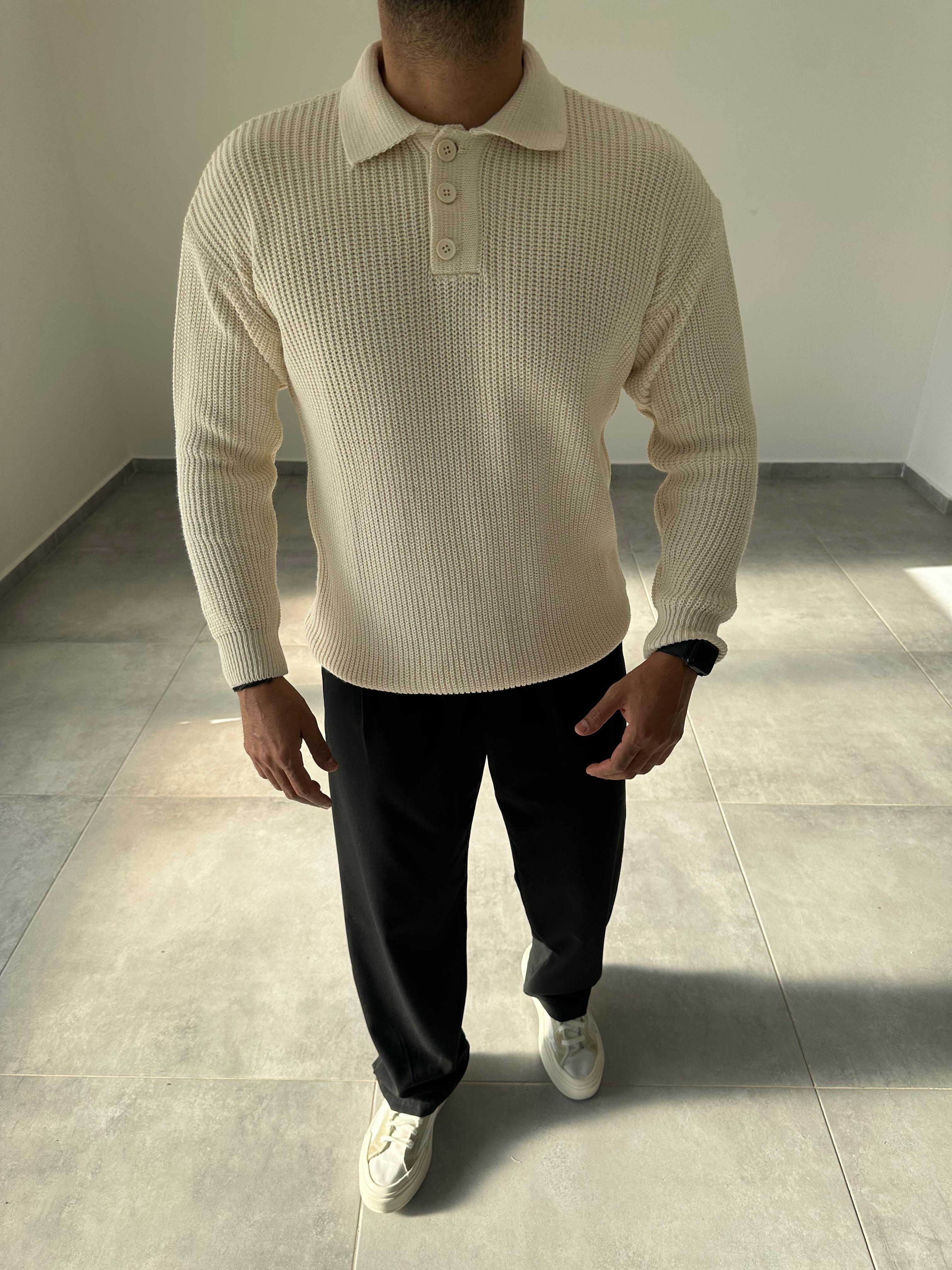 Ekru Renk Düğmeli Polo Yaka Oversize Örme Kazak