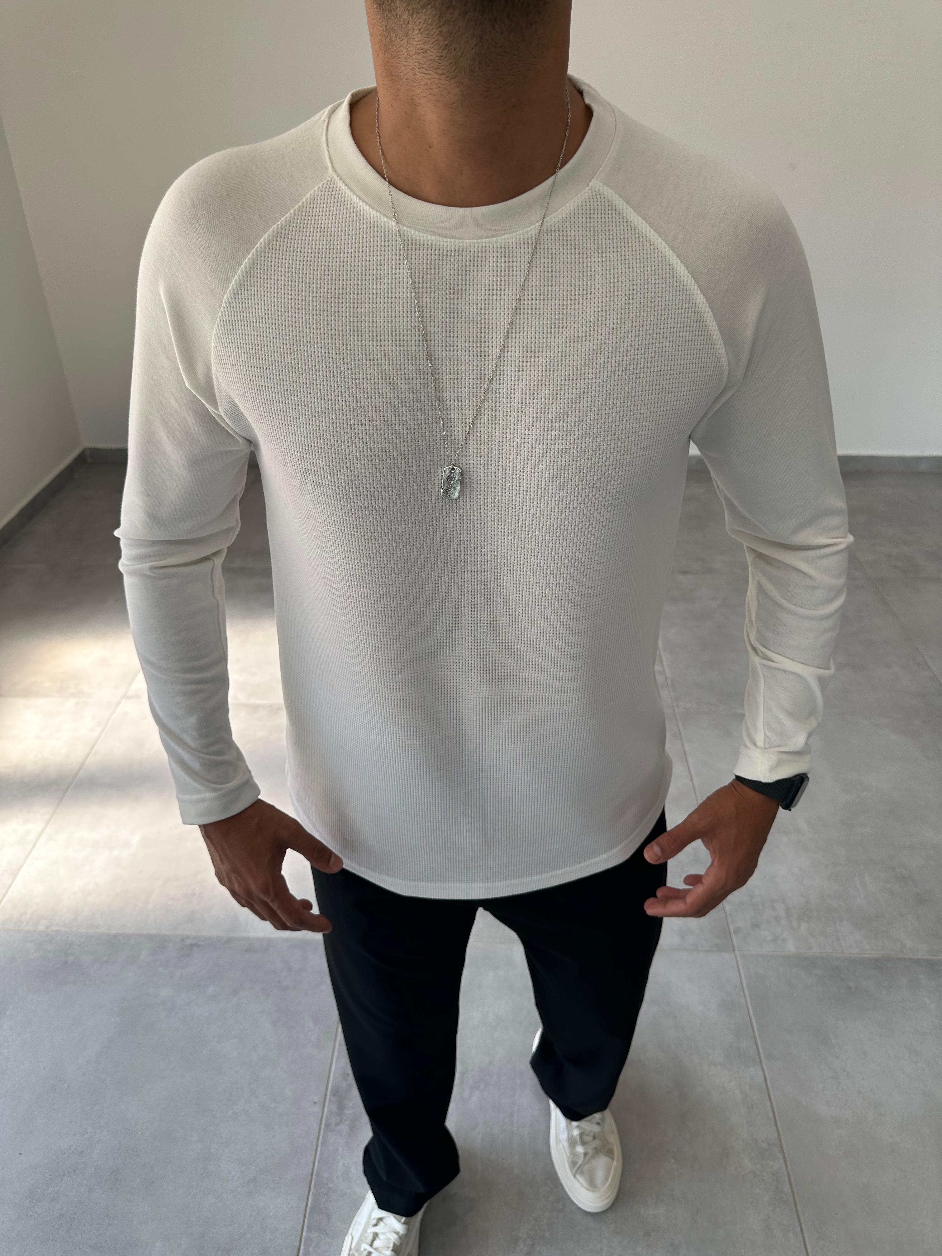 Ekru Renk Waffle Kumaş Reglan Kol Sweatshirt