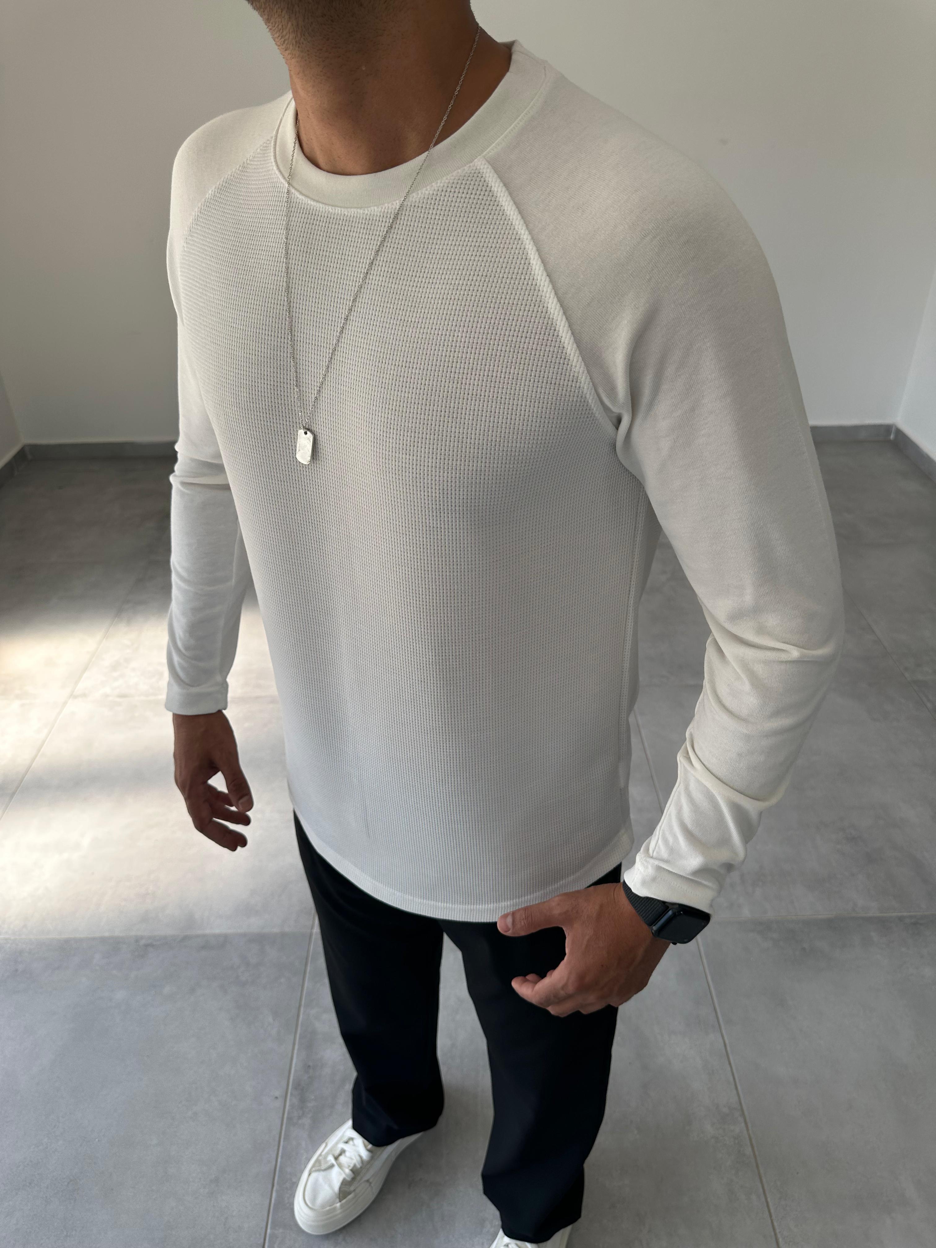 Ekru Renk Waffle Kumaş Reglan Kol Sweatshirt