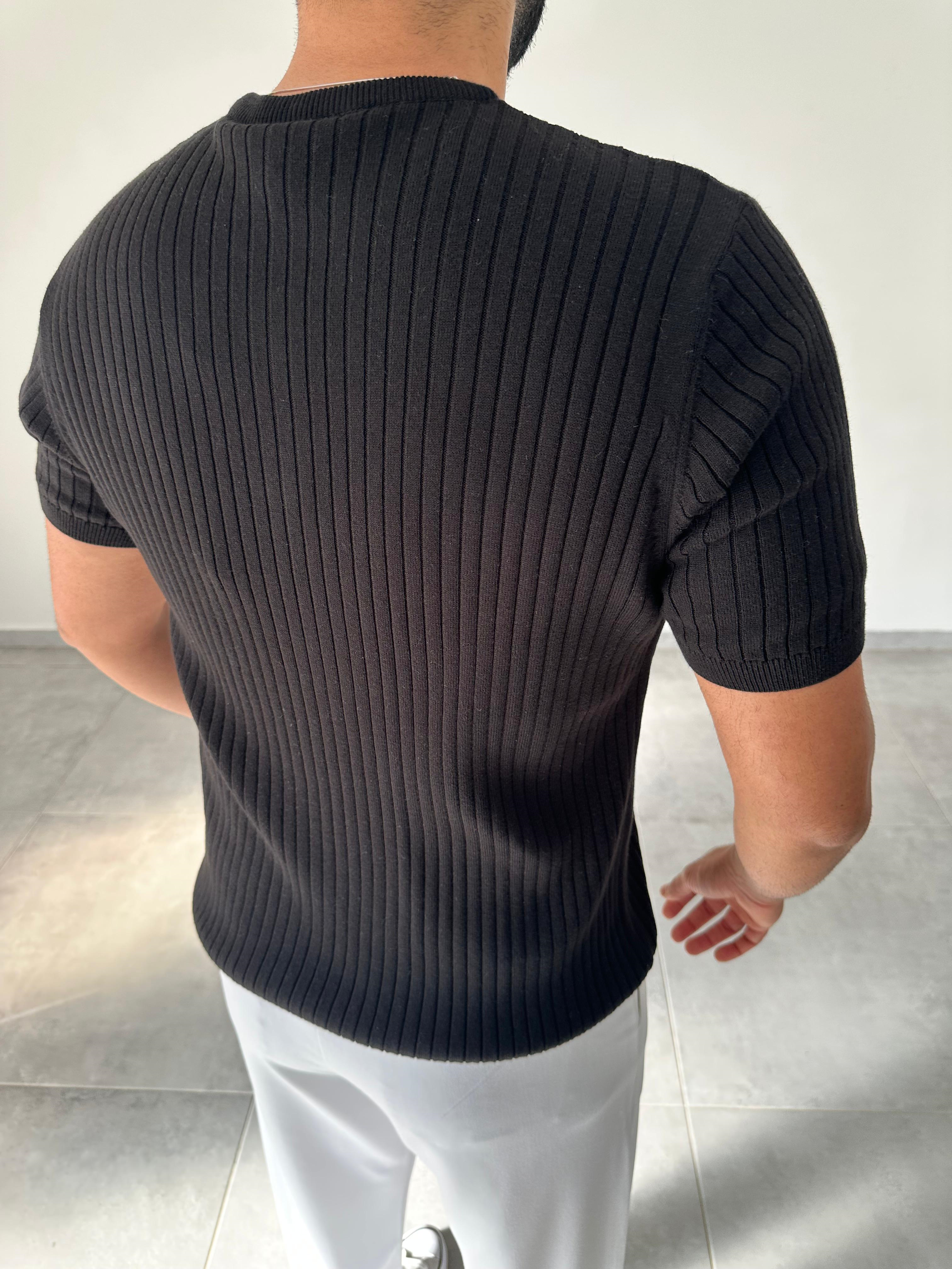 Siyah Renk Fermuar Detaylı Premium Kalite Basic Triko T-Shirt