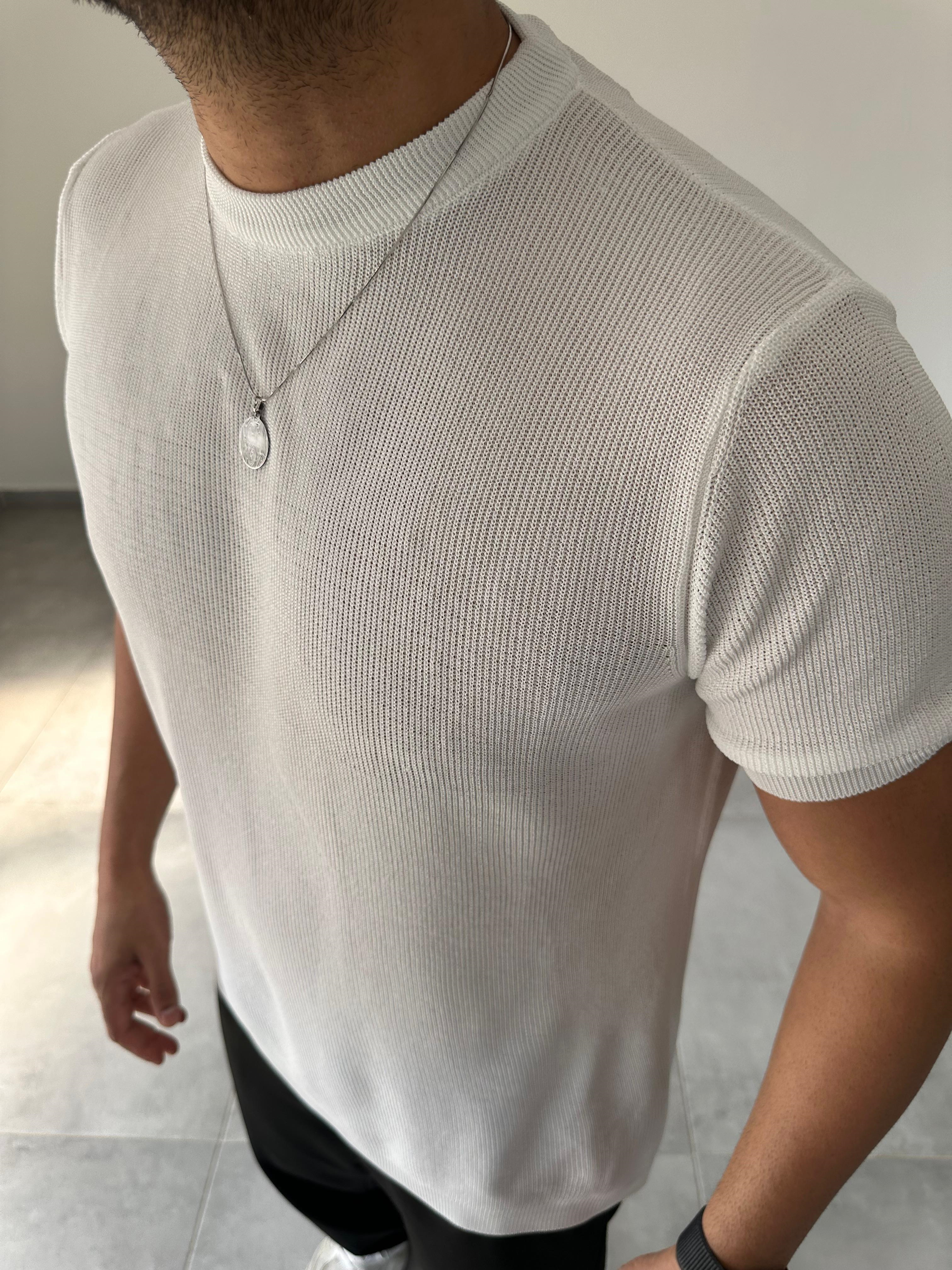 Beyaz Renk Selanik Örme Regular Fit T-Shirt