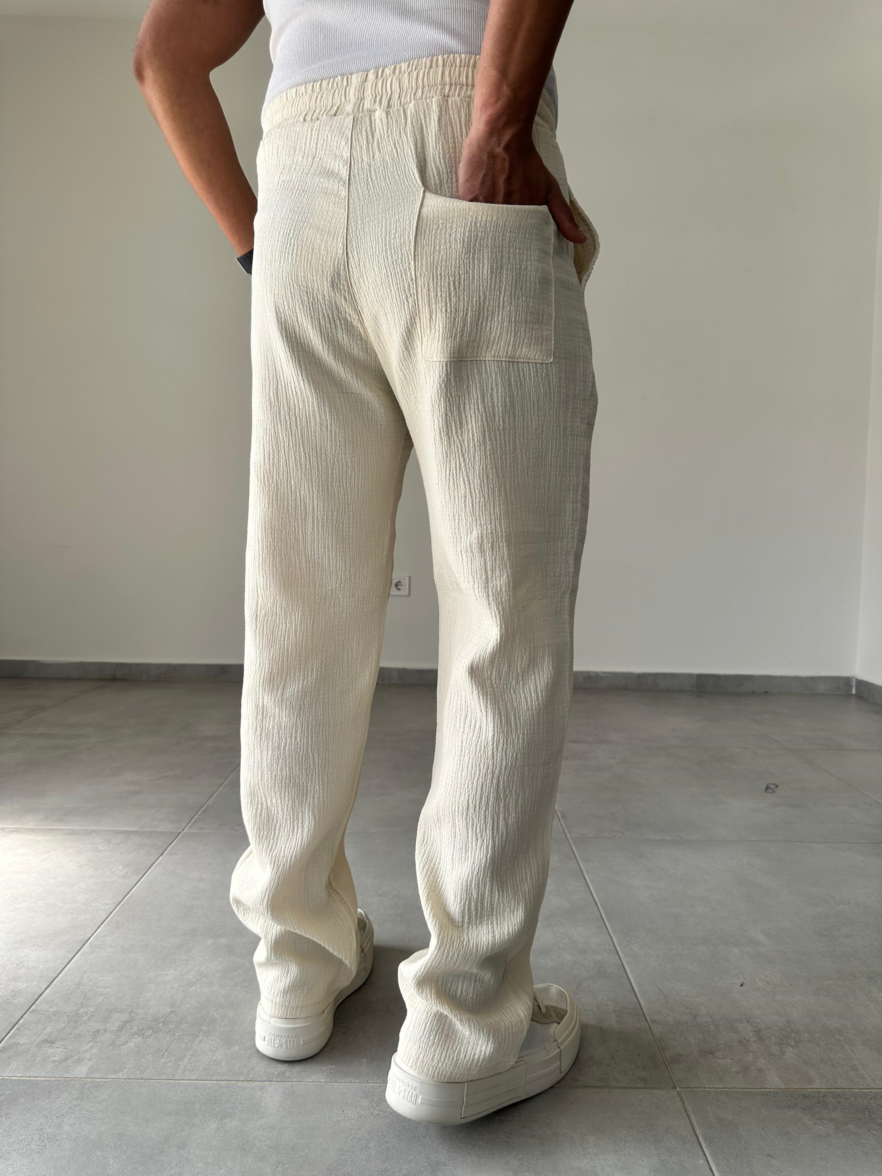 Bej Renk Müslin Keten Baggy Pantolon