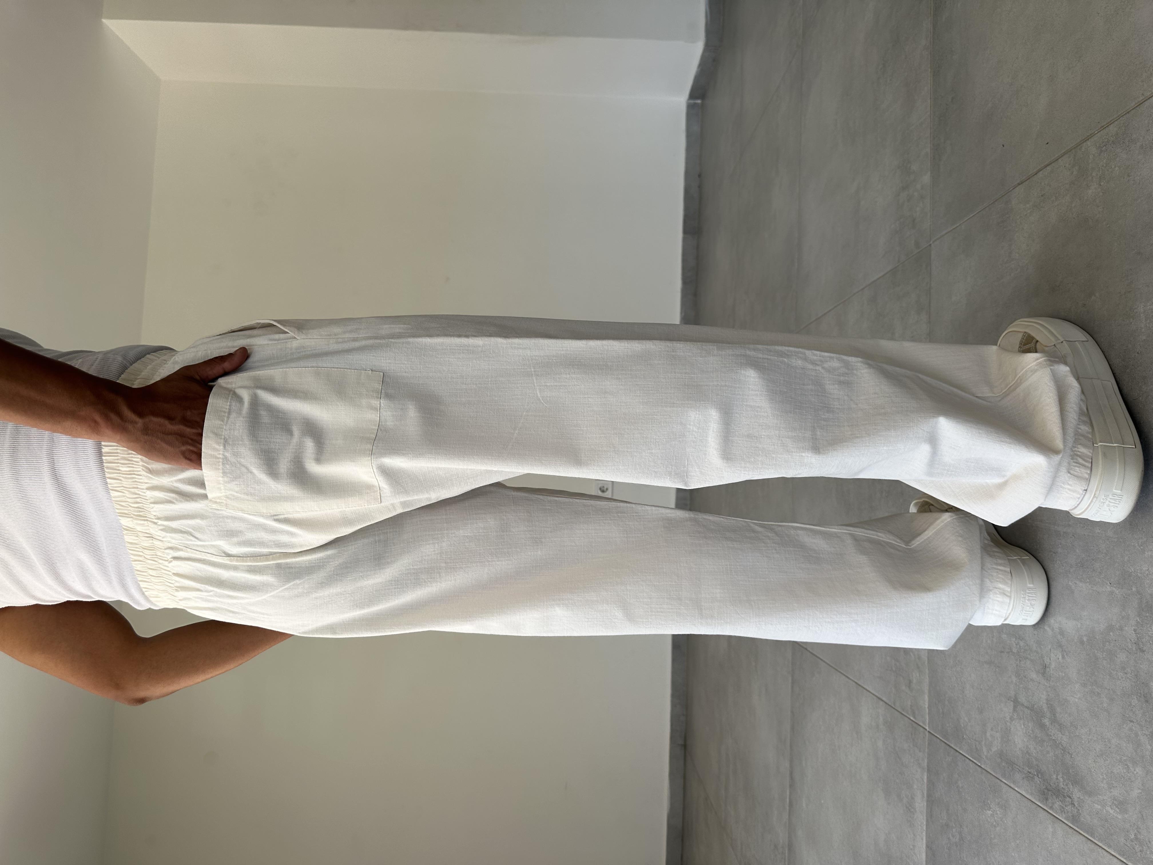 Bej Renk Bel Kısmı Lastikli Basic Baggy Keten Pantolon