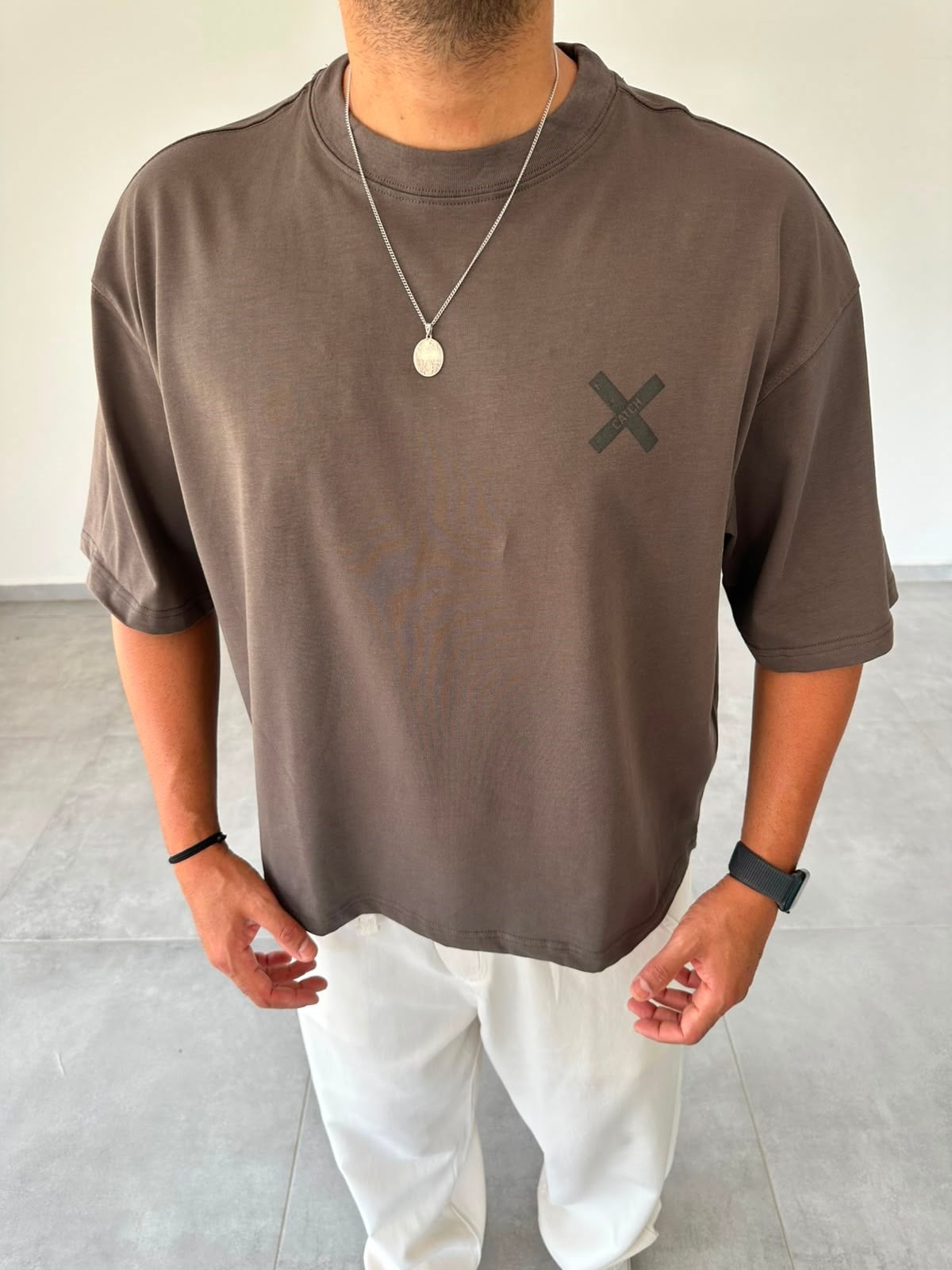 Kahve Renk Catch Baskılı Crop Fit Oversize T-Shirt
