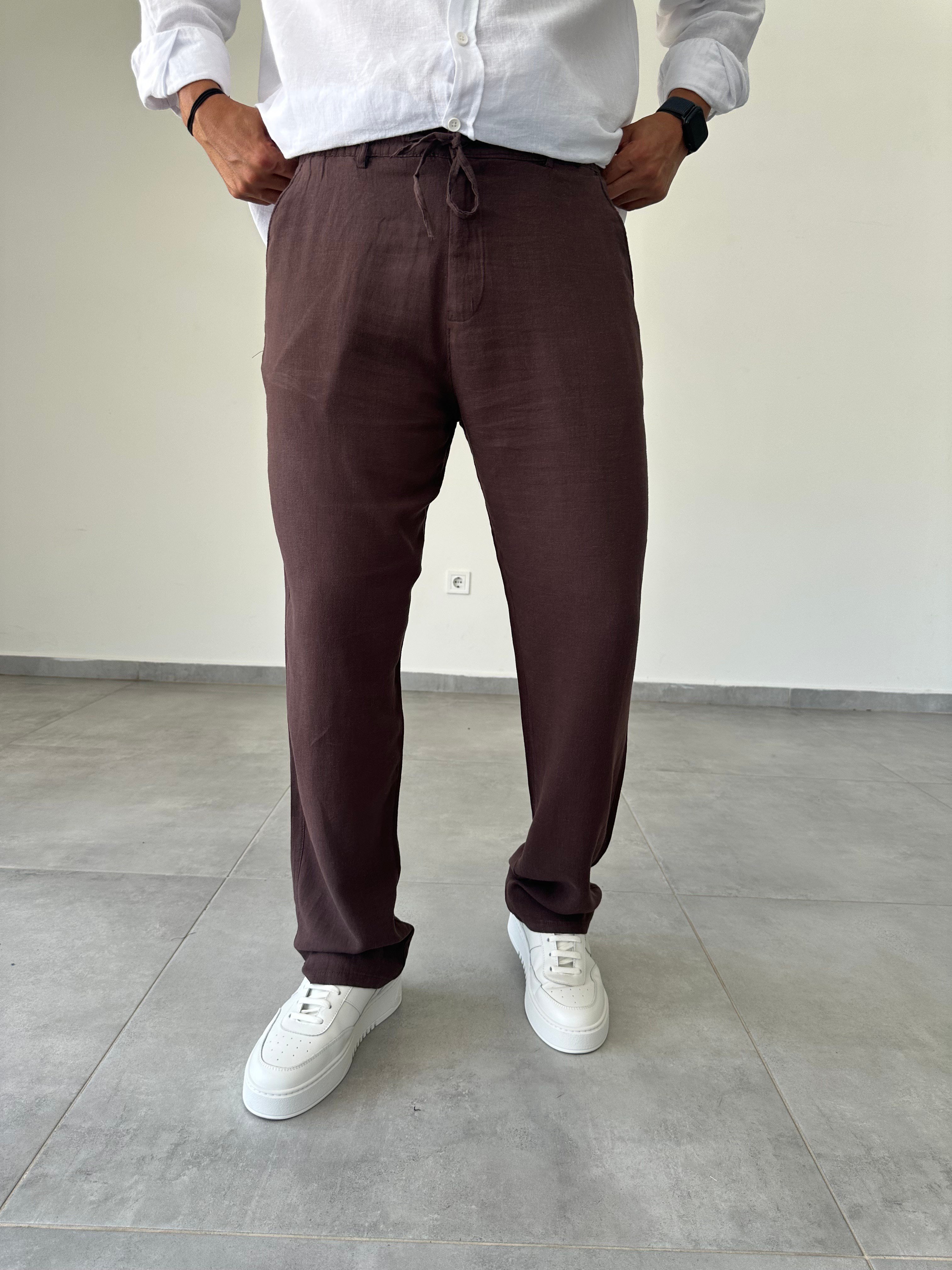 Kahve Renk Renk Bel Kısmı Lastik Ve Bağcık Detaylı Yıkamalı Keten Pantolon