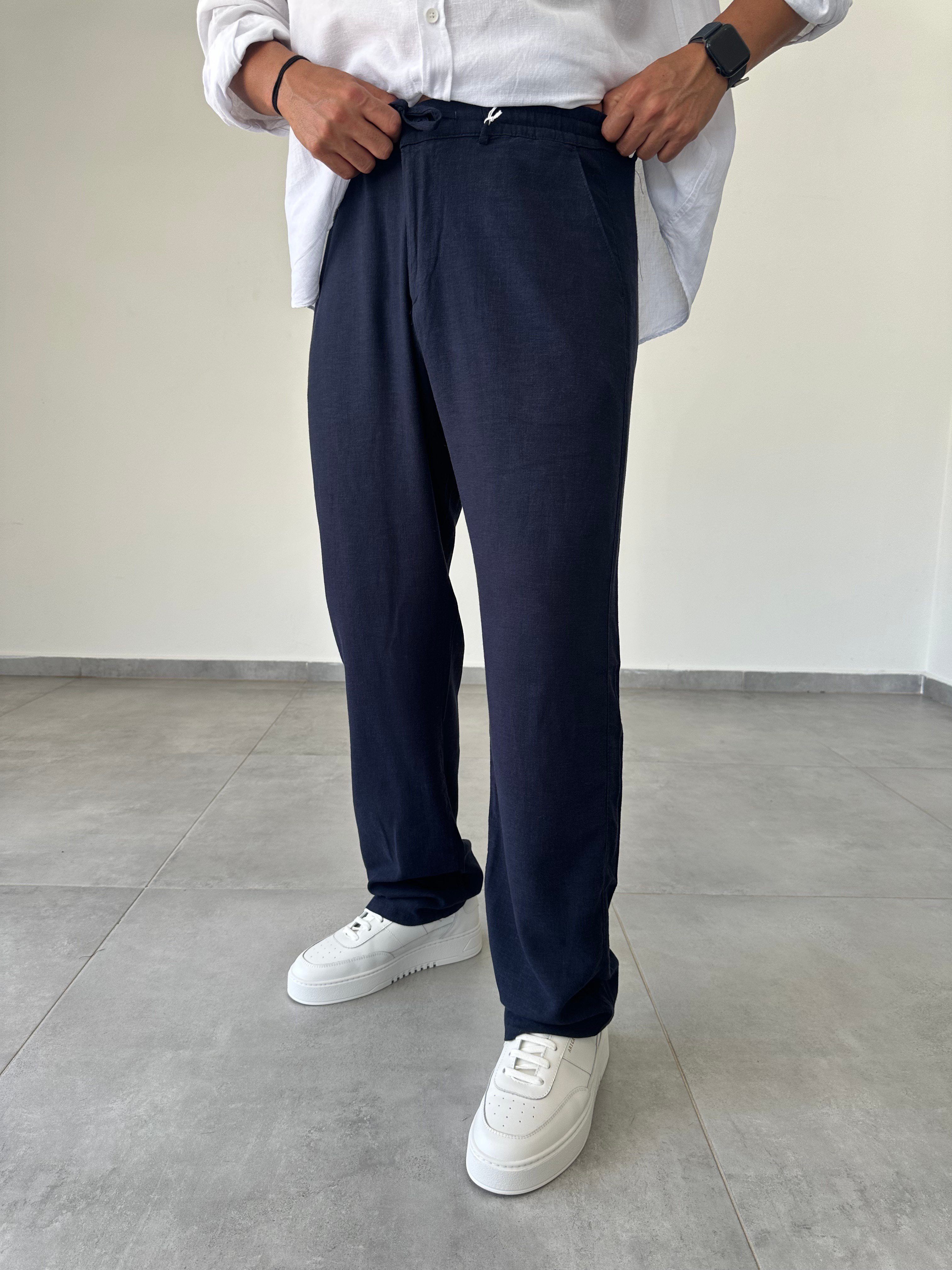 Lacivert Renk Bel Kısmı Lastik Ve Bağcık Detaylı Yıkamalı Keten Pantolon