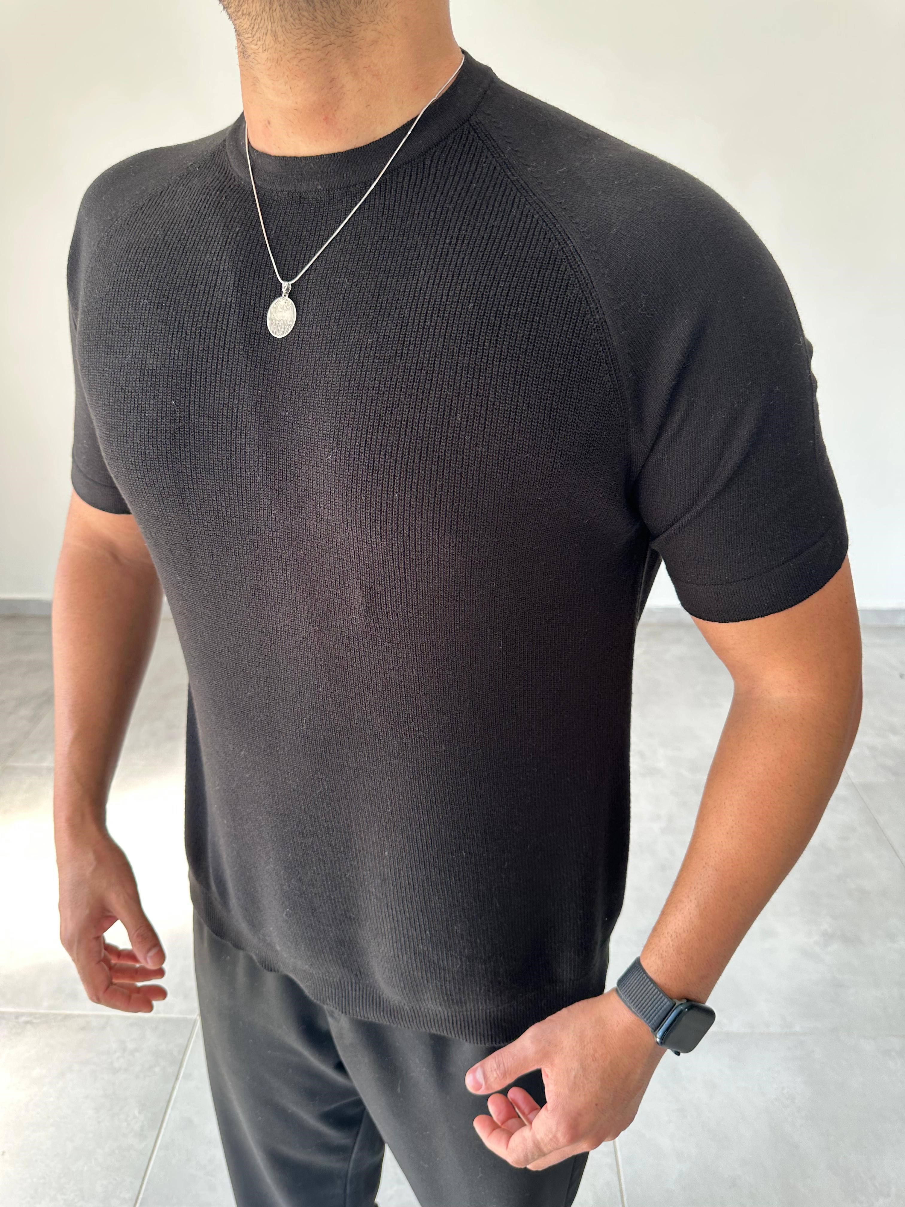 Reglan Kol Detaylı Siyah Renk Premium Kalite Basic Triko T-Shirt
