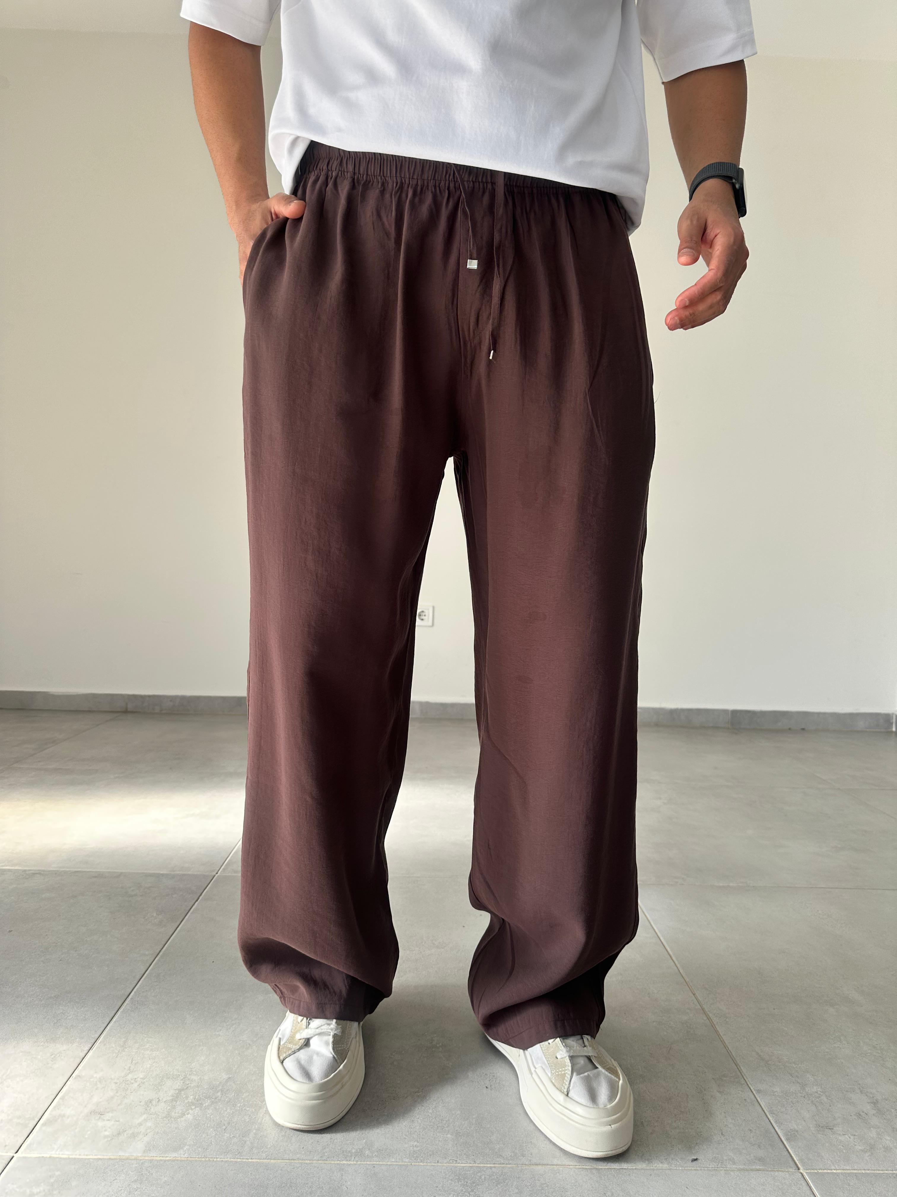 Tensel Kumaş Kahve Renk Rahat Kesim İnce Baggy Pantolon