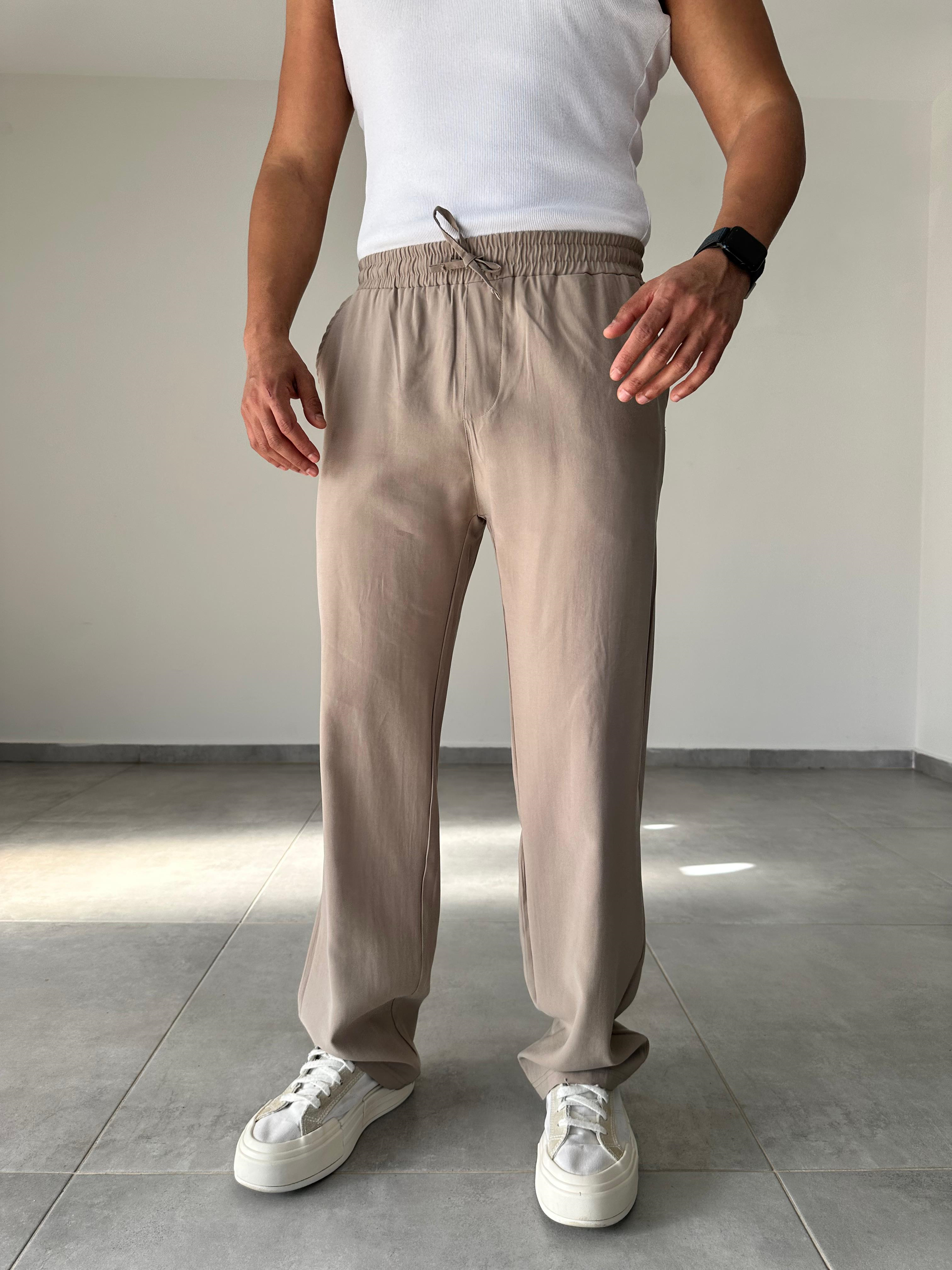 Modal Kumaş Taş Renk Bel Kısmı Lastikli Basic Baggy Pantolon