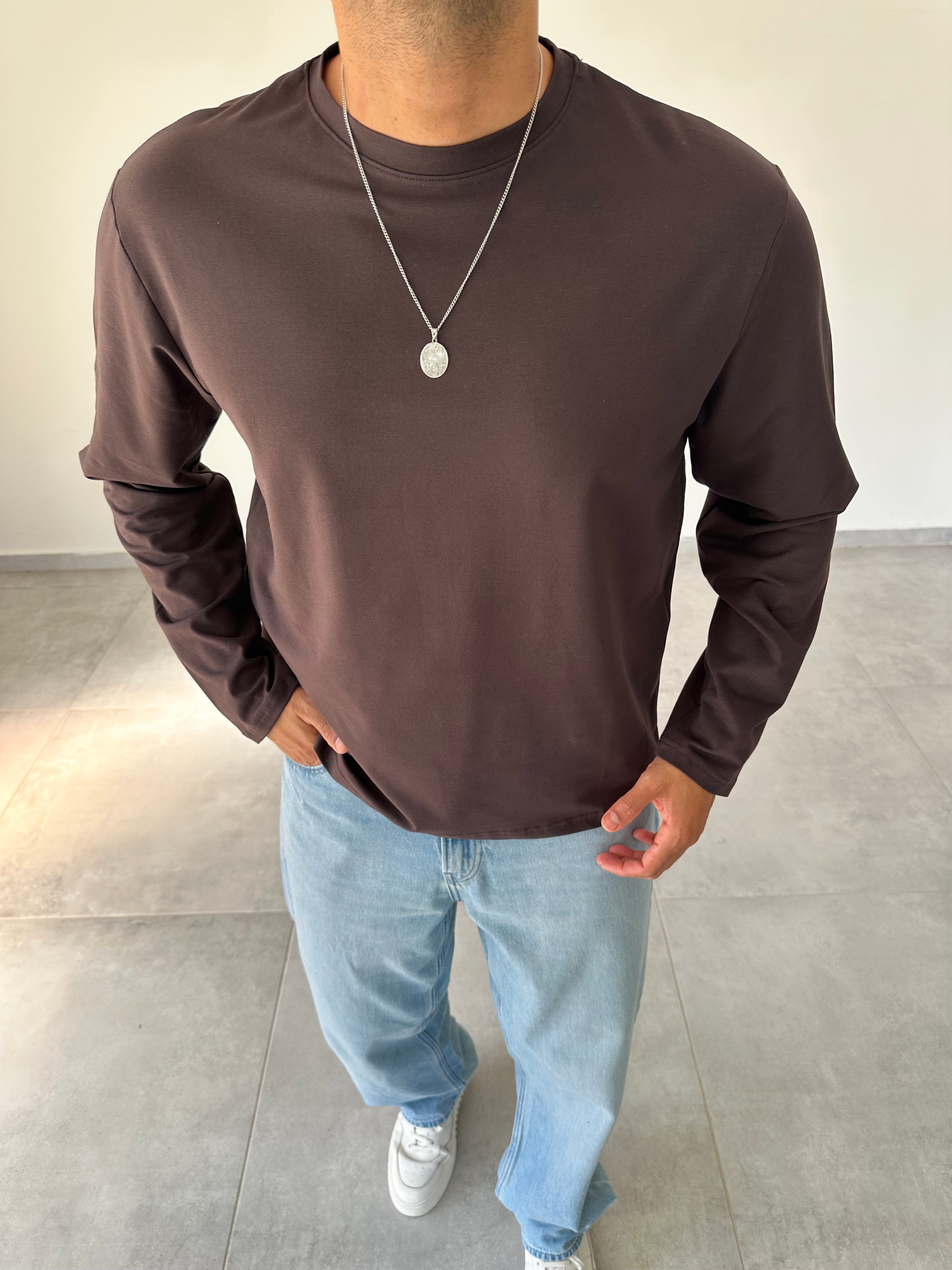 Kahve Renk Rahat Kesim Yüksek Kalite Basic Sweatshirt