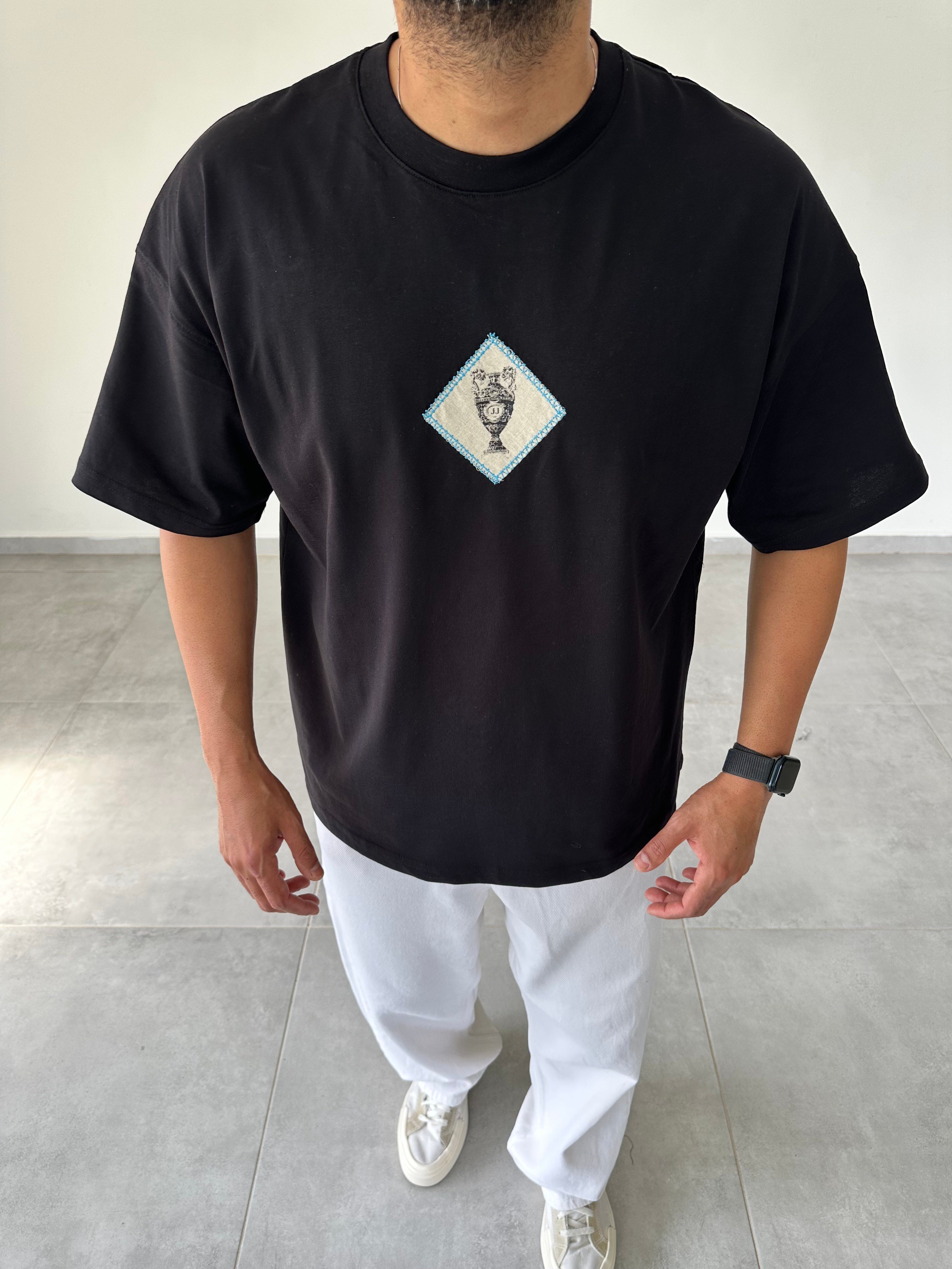 Siyah Renk Rather Be Here Nakış Ve Pantch Detaylı Oversize T-Shirt