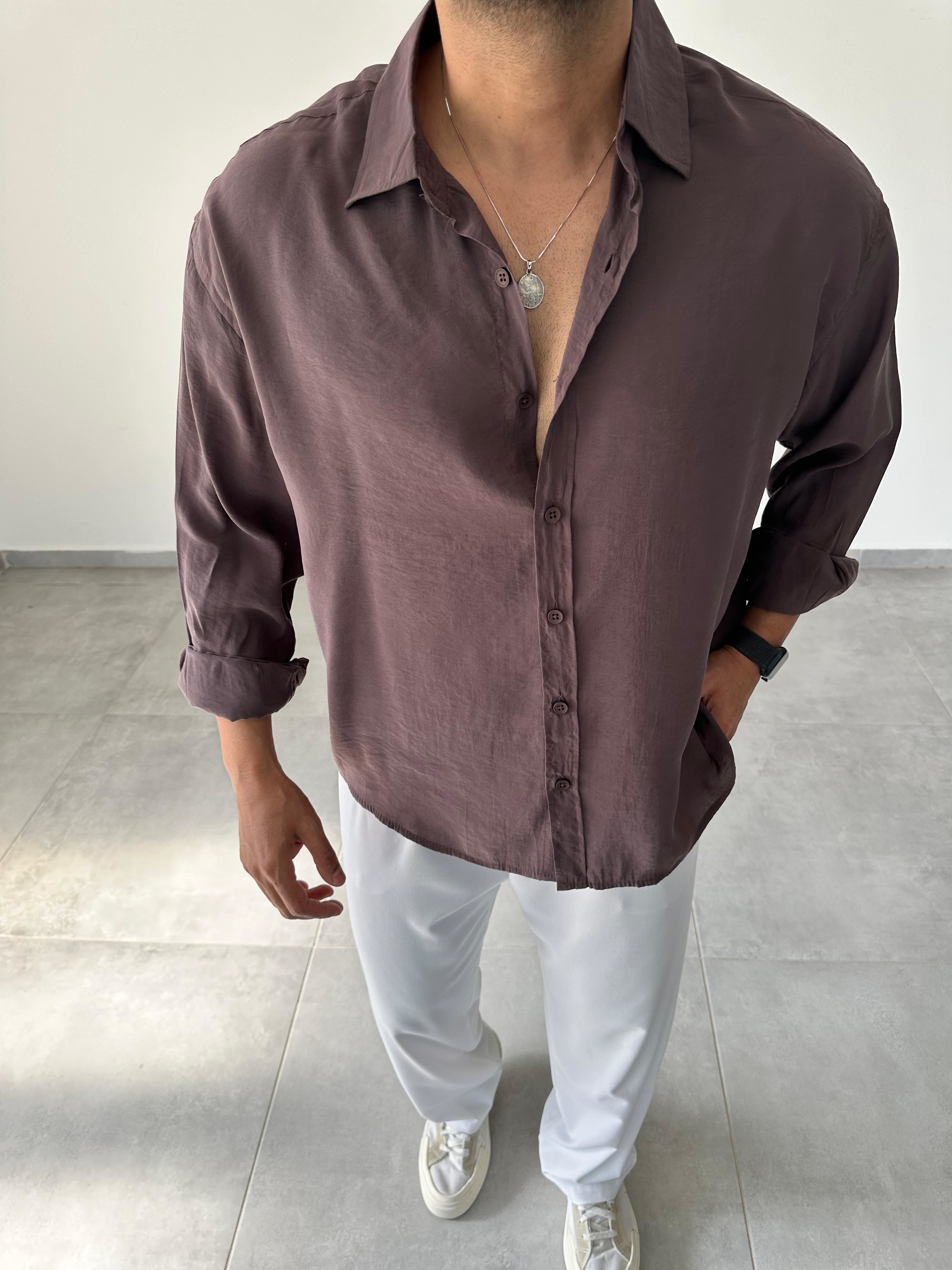 Kahve Renk Modal Kumaş Oversize Kesim Basic Gömlek