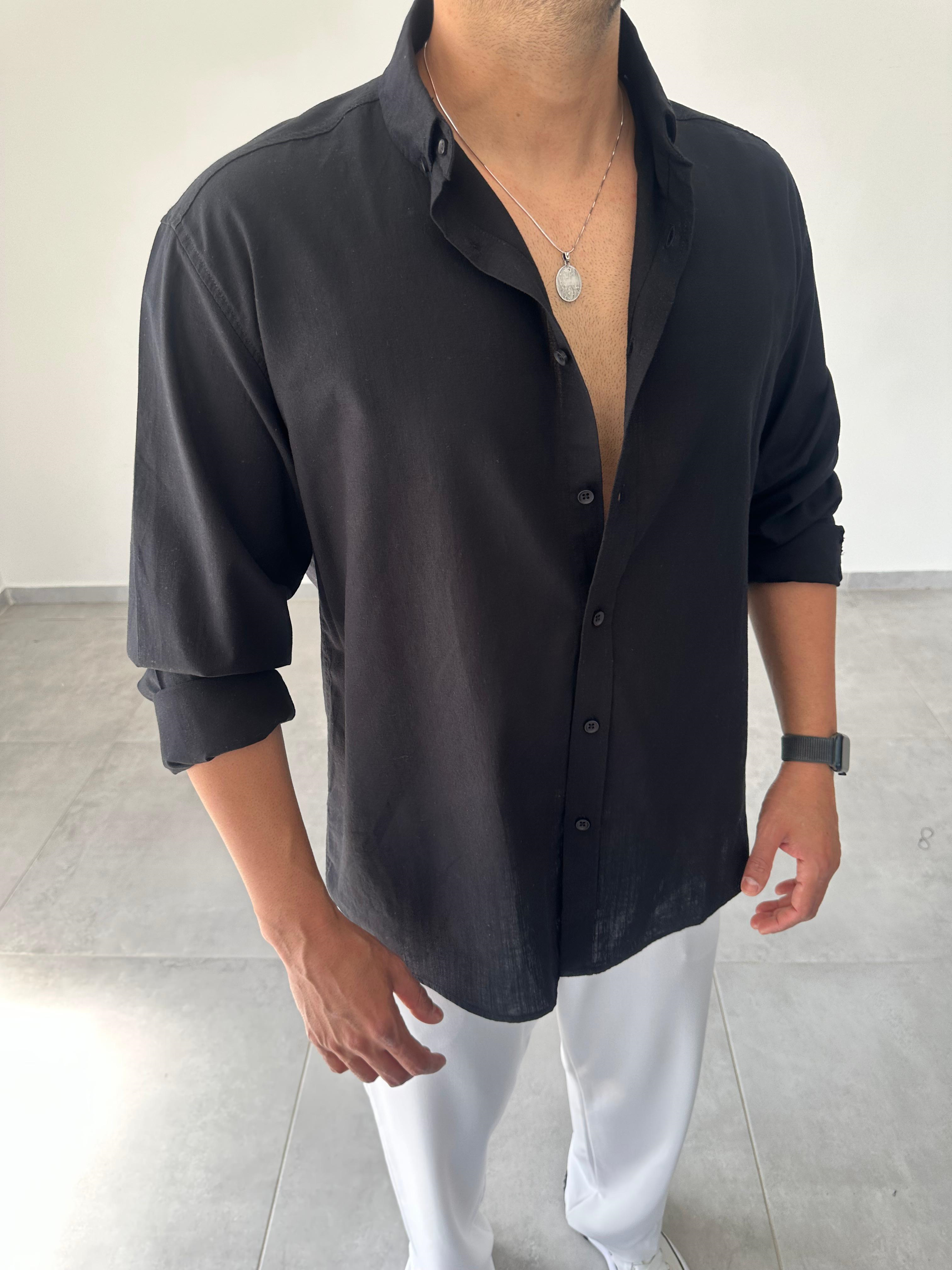 Siyah Renk Oversize Kesim Fresh Keten Gömlek