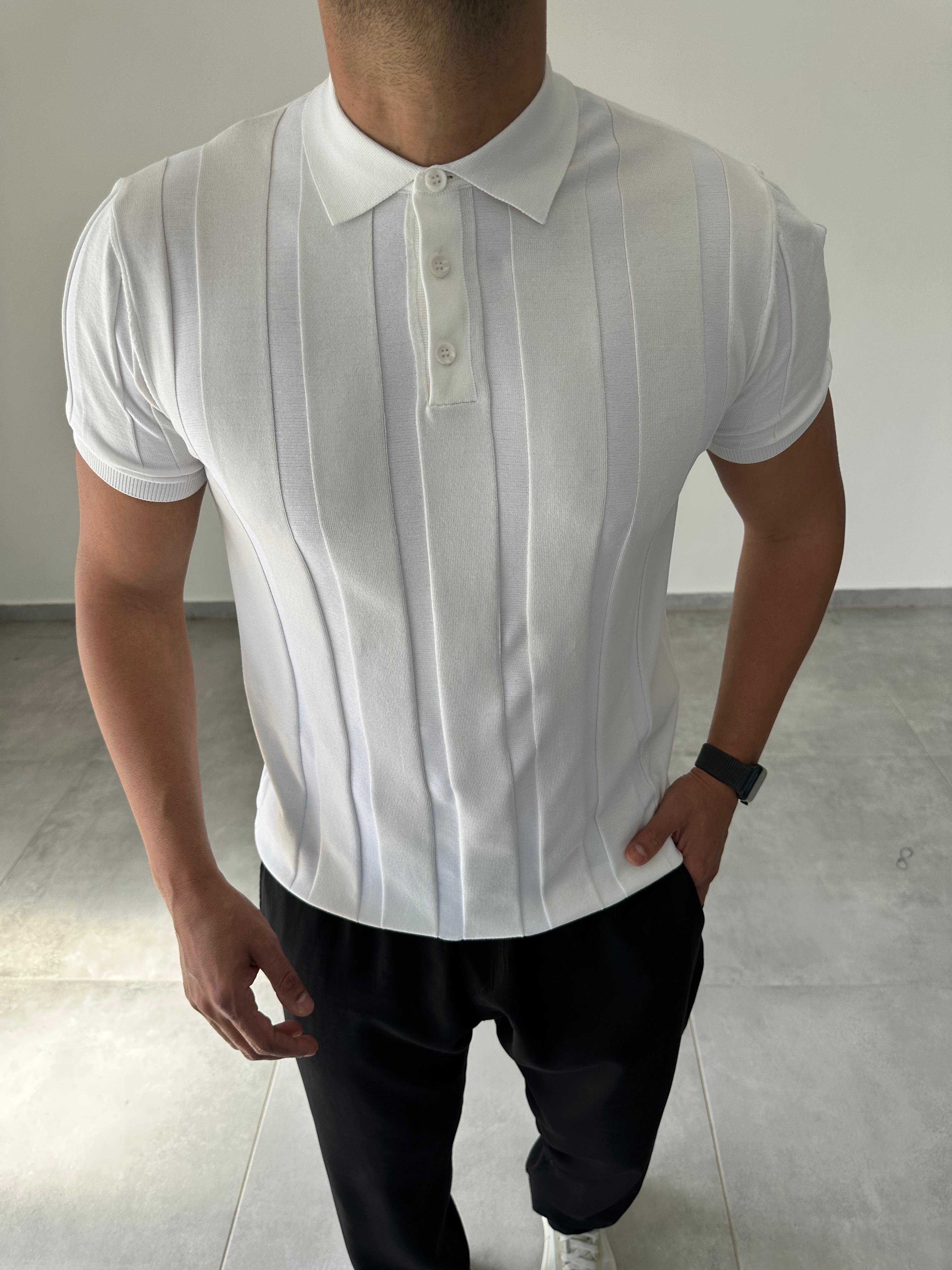 Polo Yaka  Şerit Detaylı Beyaz Renk Triko T-Shirt
