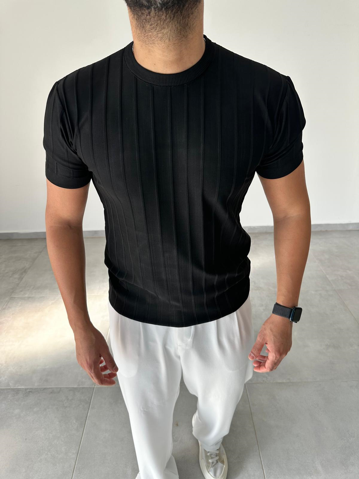 Şerit Detaylı Siyah Renk Basic T-Shirt