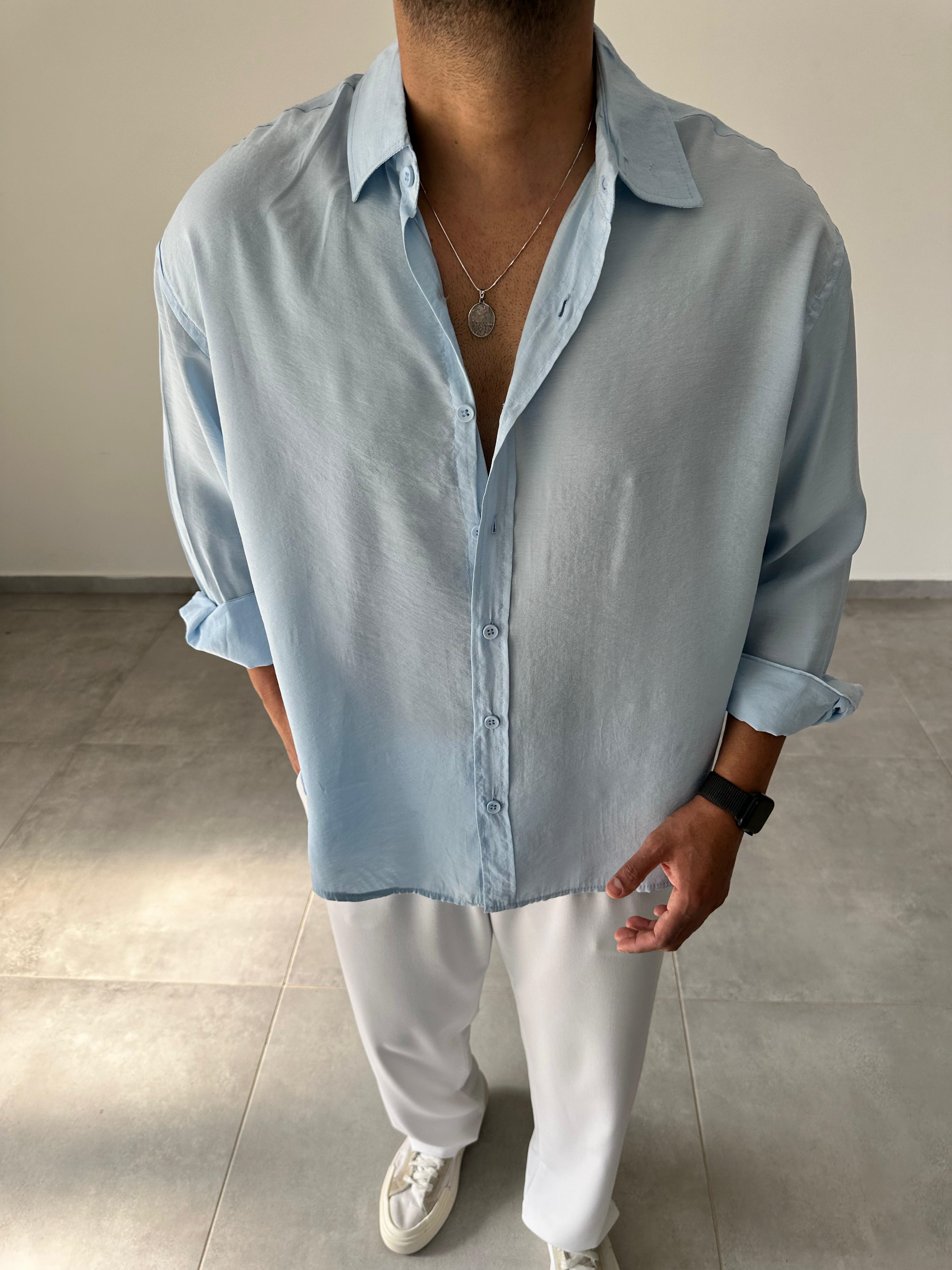 Bebe Mavisi Renk Modal Kumaş Oversize Kesim Basic Gömlek