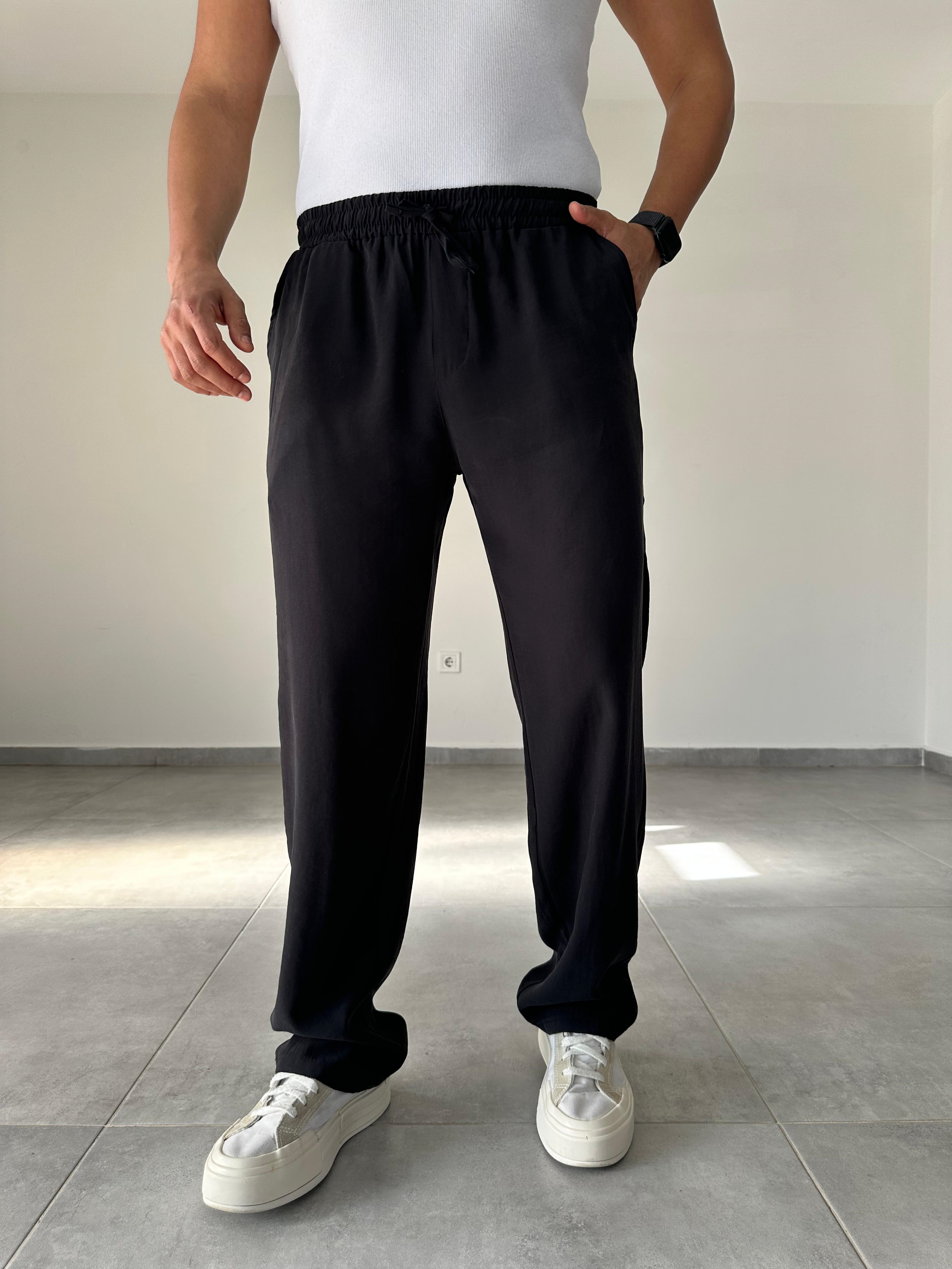 Modal Kumaş Siyah Renk Bel Kısmı Lastikli Basic Baggy Pantolon