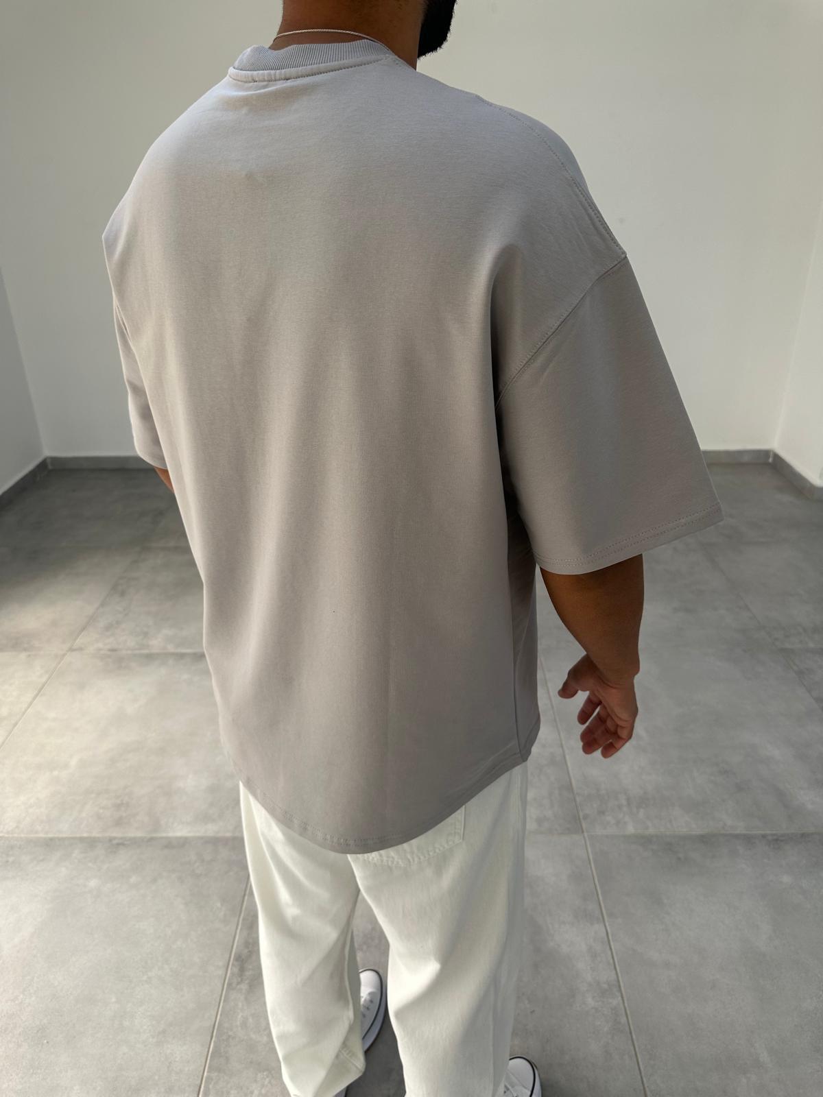 Gri Renk Bisiklet Yaka Oversize T-Shirt