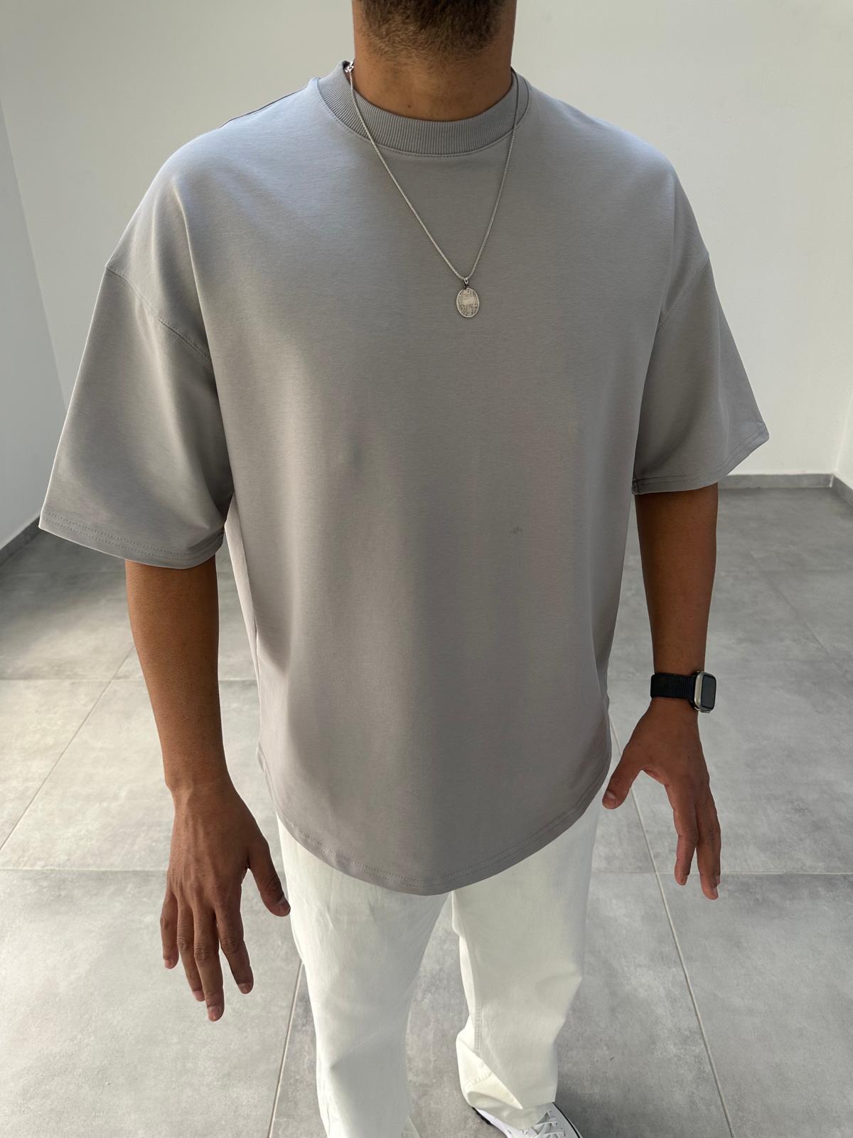 Gri Renk Bisiklet Yaka Oversize T-Shirt