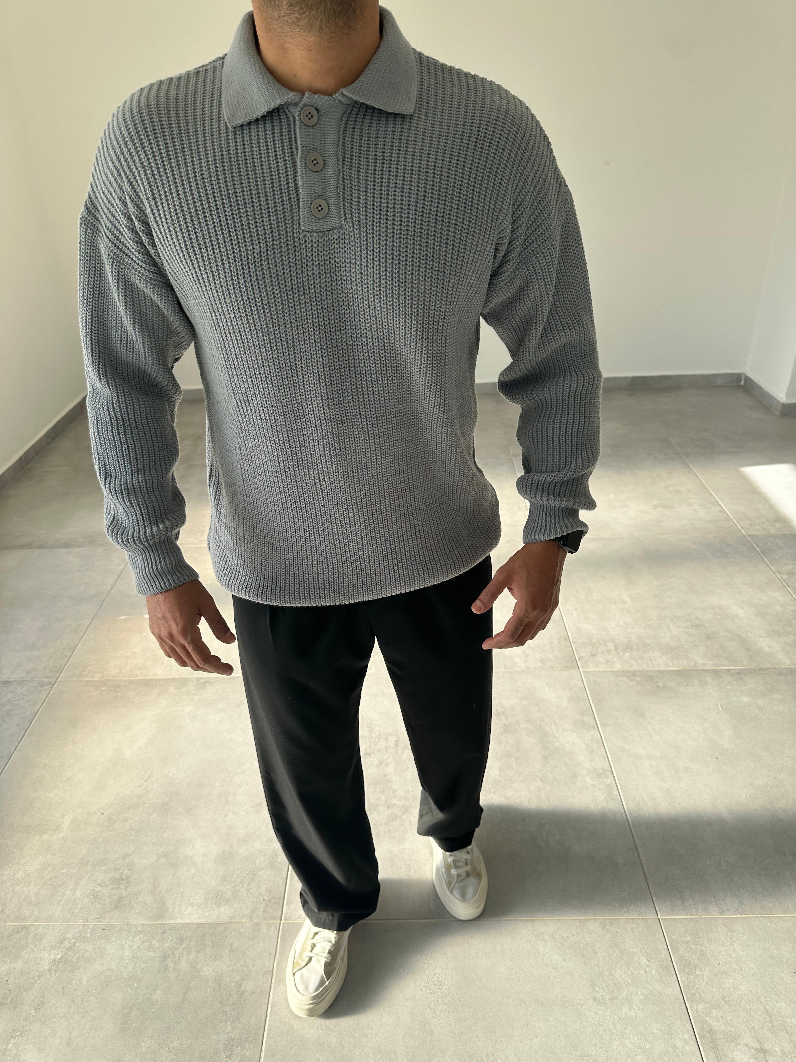 Gri Renk Düğmeli Polo Yaka Oversize Örme Kazak
