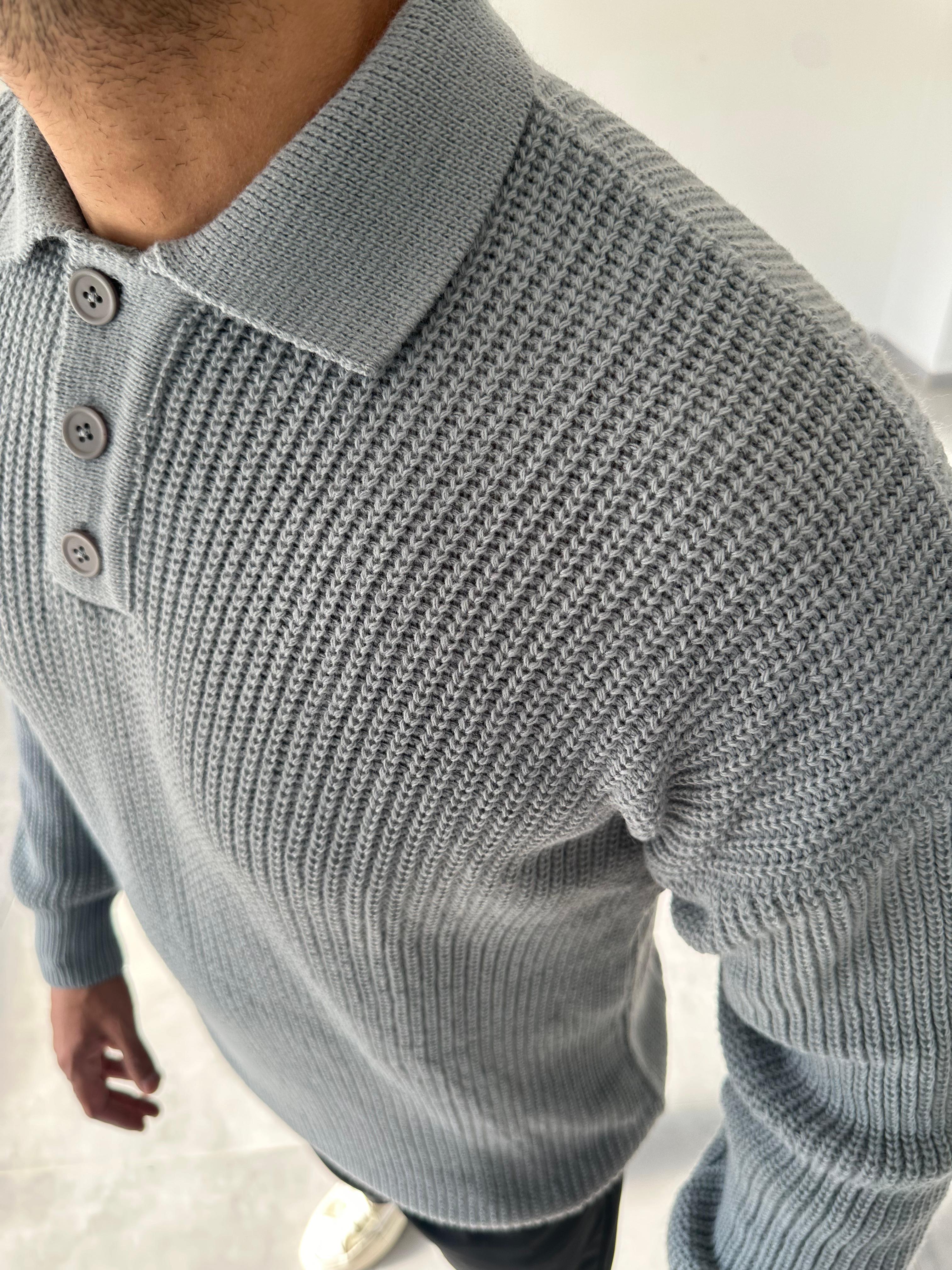 Gri Renk Düğmeli Polo Yaka Oversize Örme Kazak
