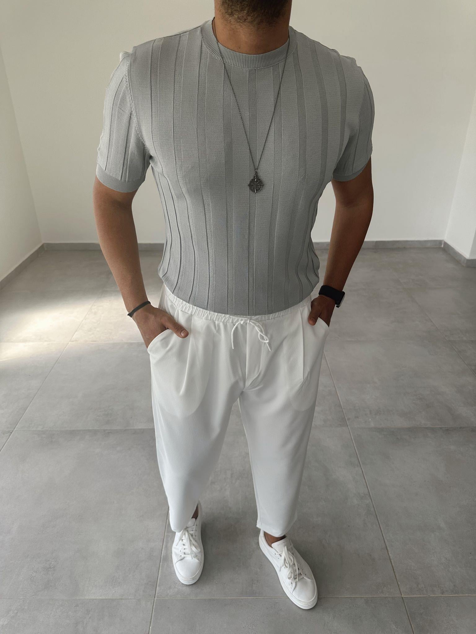 Gri Renk İnce Fitilli Basic Triko T-Shirt