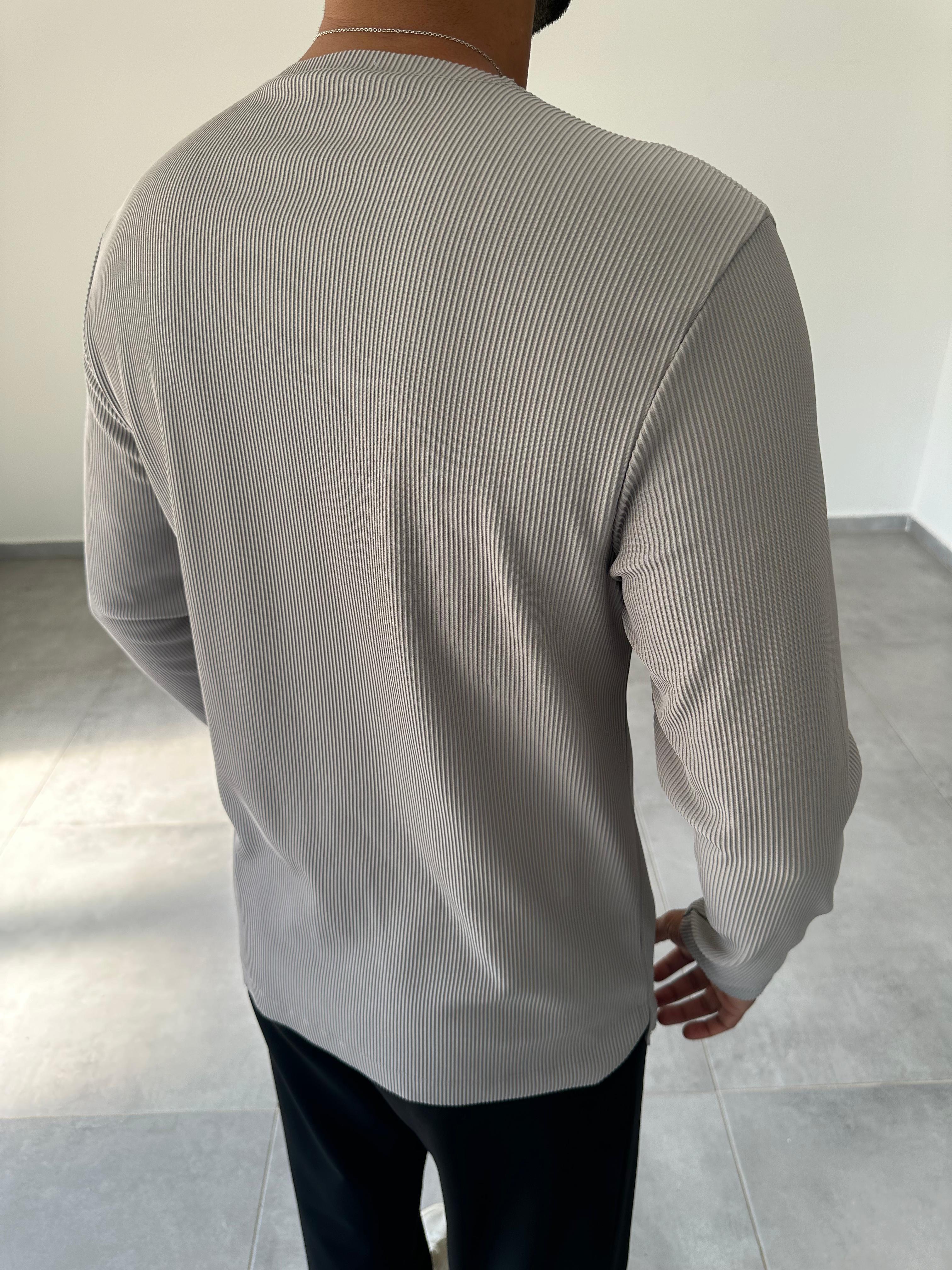 Gri Renk Kesik Yaka Detaylı Ottoman Kumaş Sweatshirt
