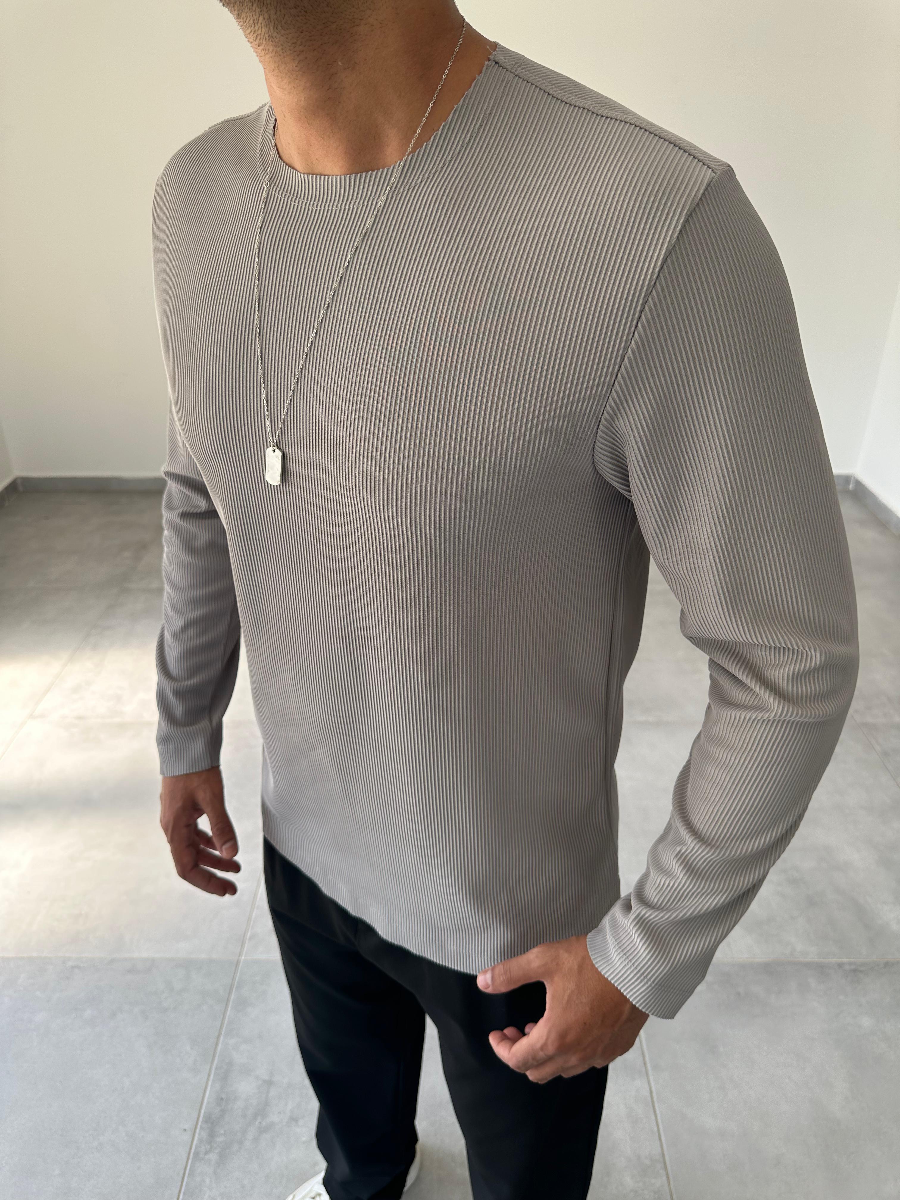 Gri Renk Kesik Yaka Detaylı Ottoman Kumaş Sweatshirt