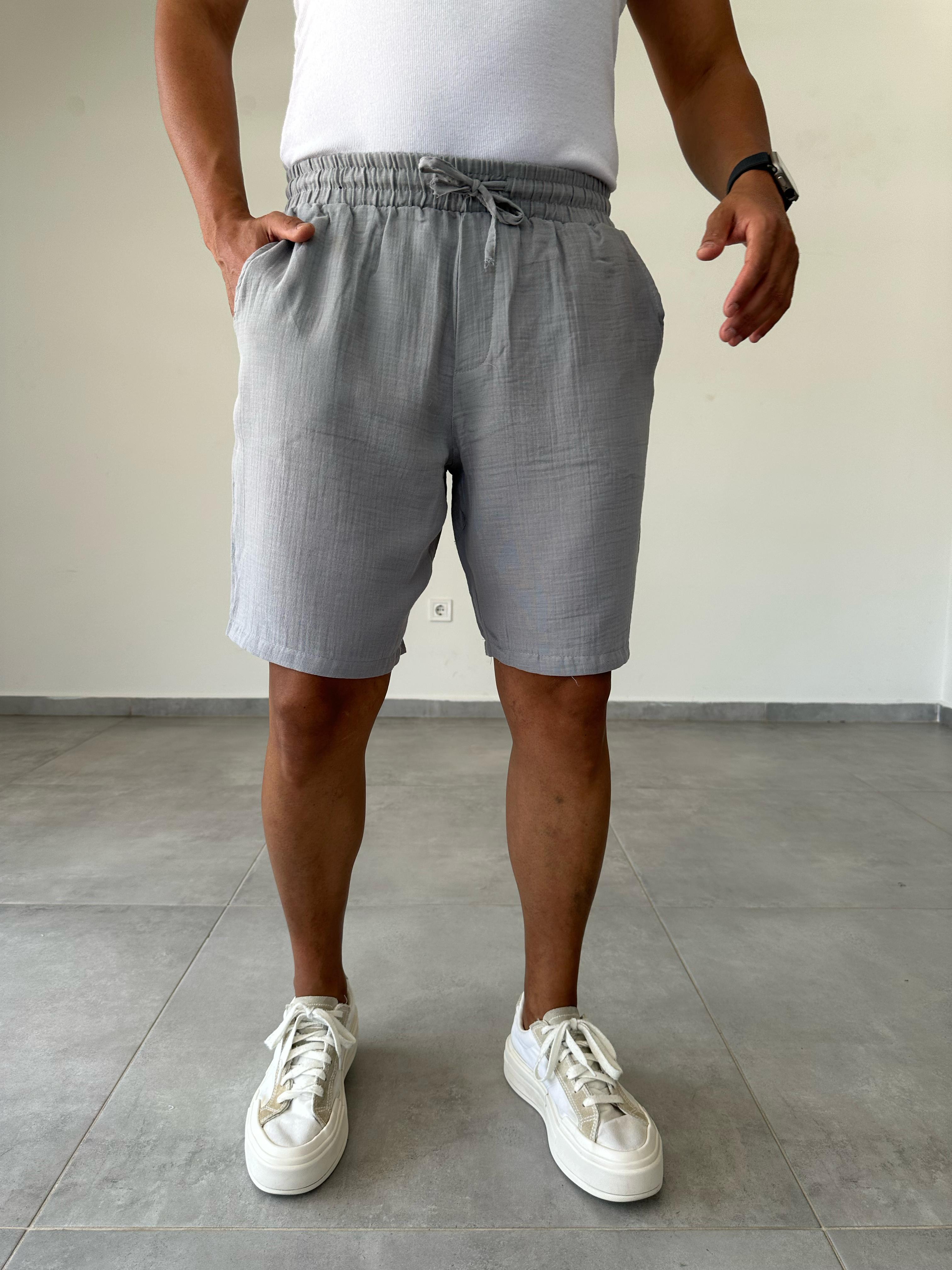 Gri Renk Müslin Kumaş Relax Fit Basic Şort