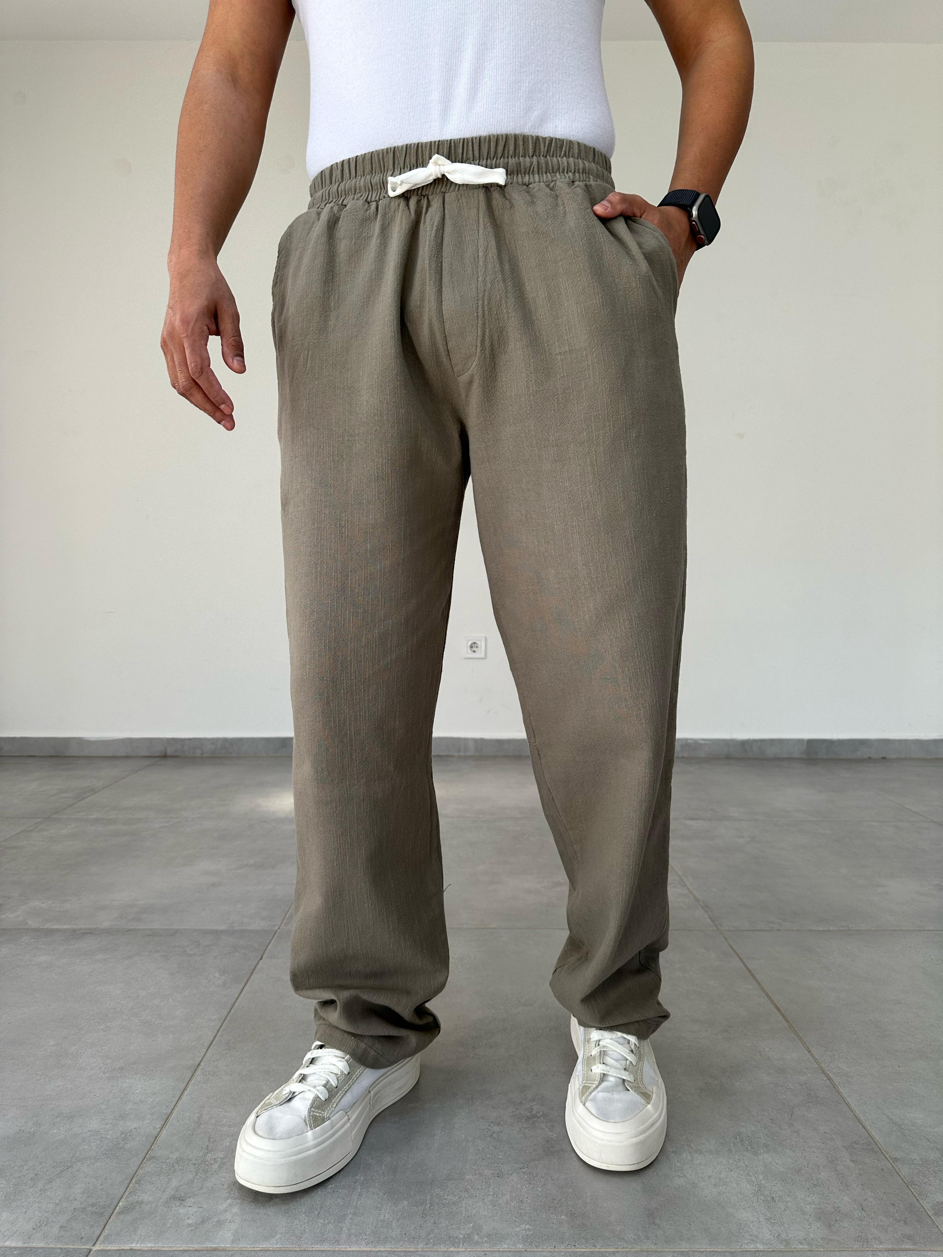 Haki Renk Nakış Detaylı Ham Keten Baggy Pantolon