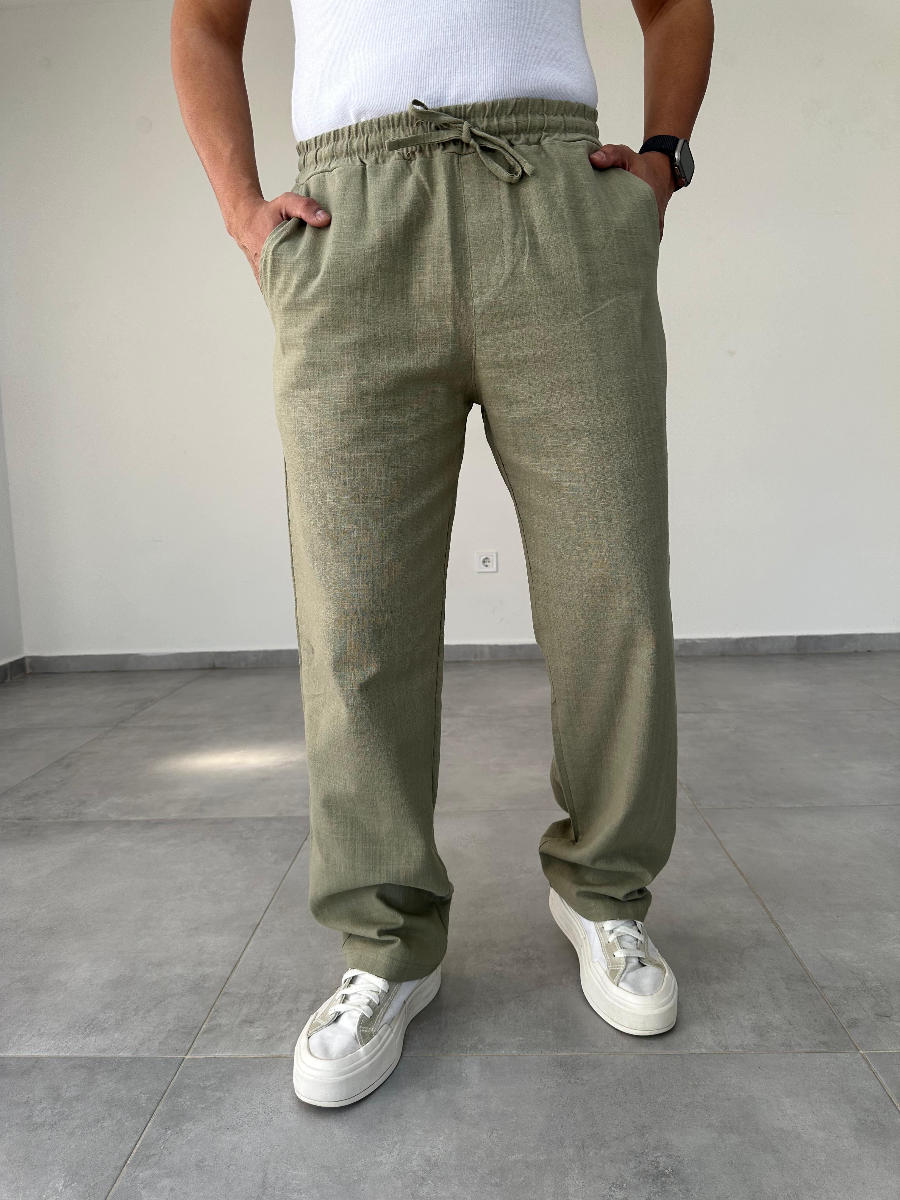Haki Yeşili Bel Kısmı Lastikli Baggy Keten Pantolon