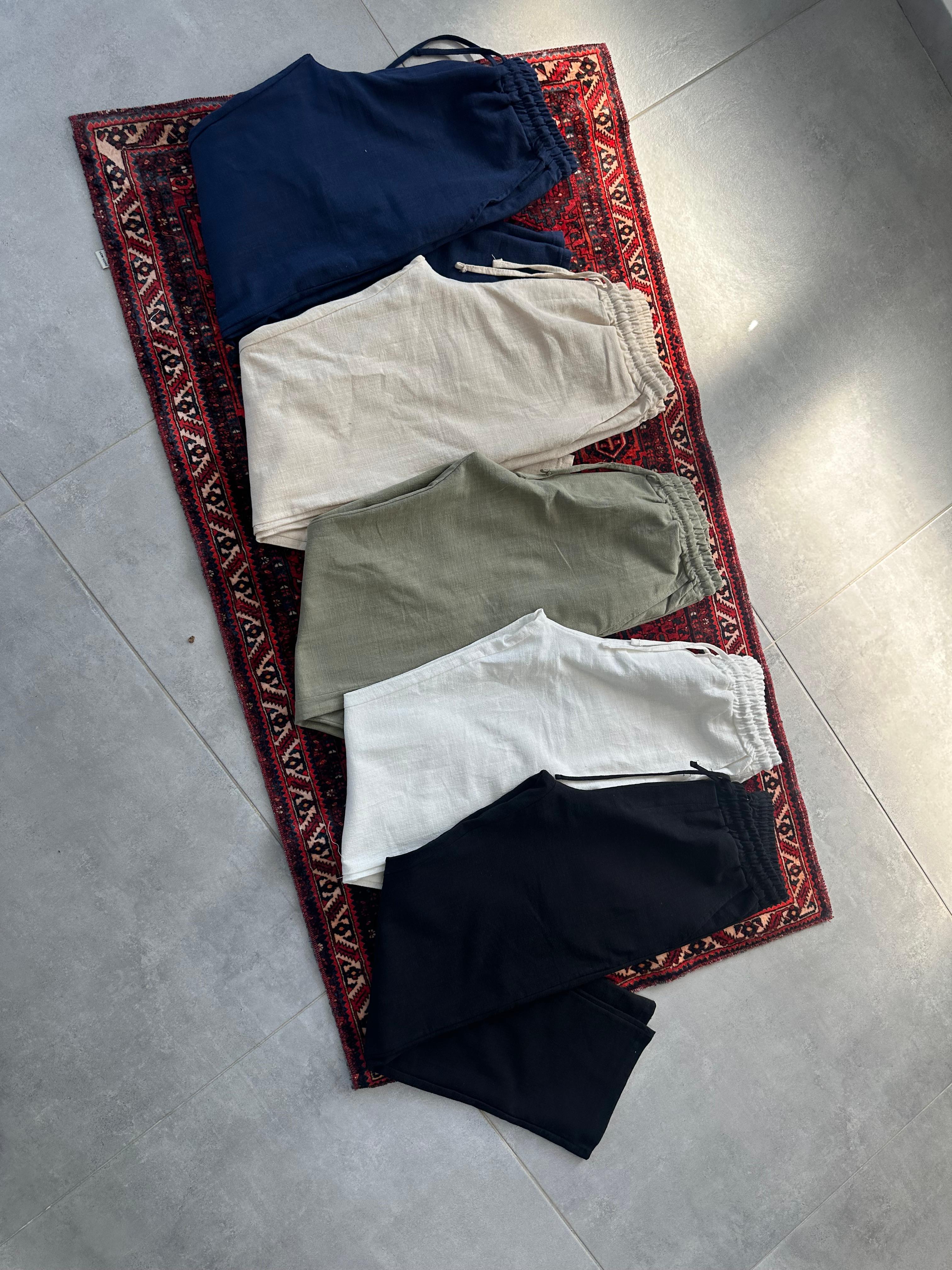 Haki Yeşili Bel Kısmı Lastikli Baggy Keten Pantolon