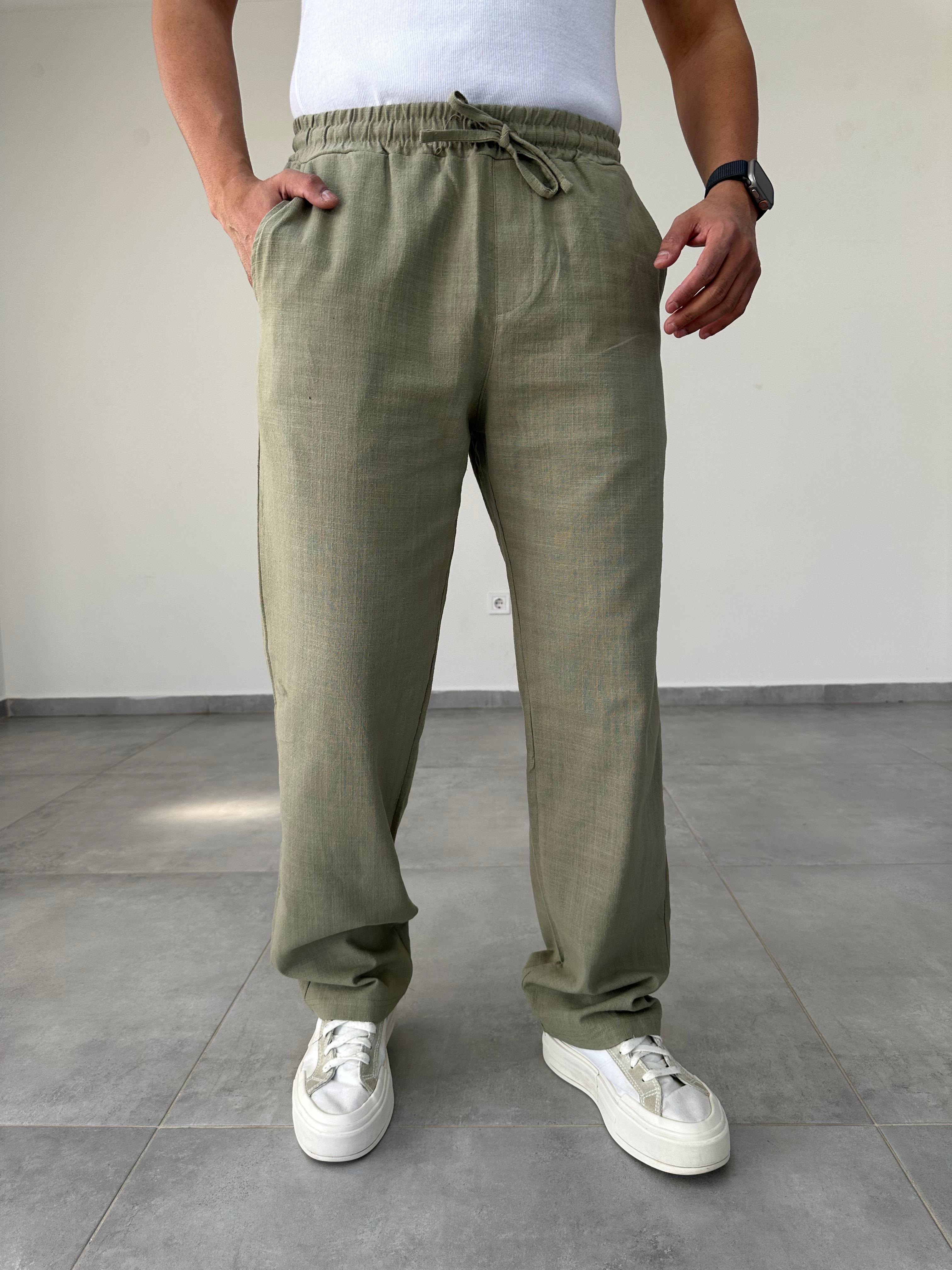 Haki Yeşili Bel Kısmı Lastikli Baggy Keten Pantolon