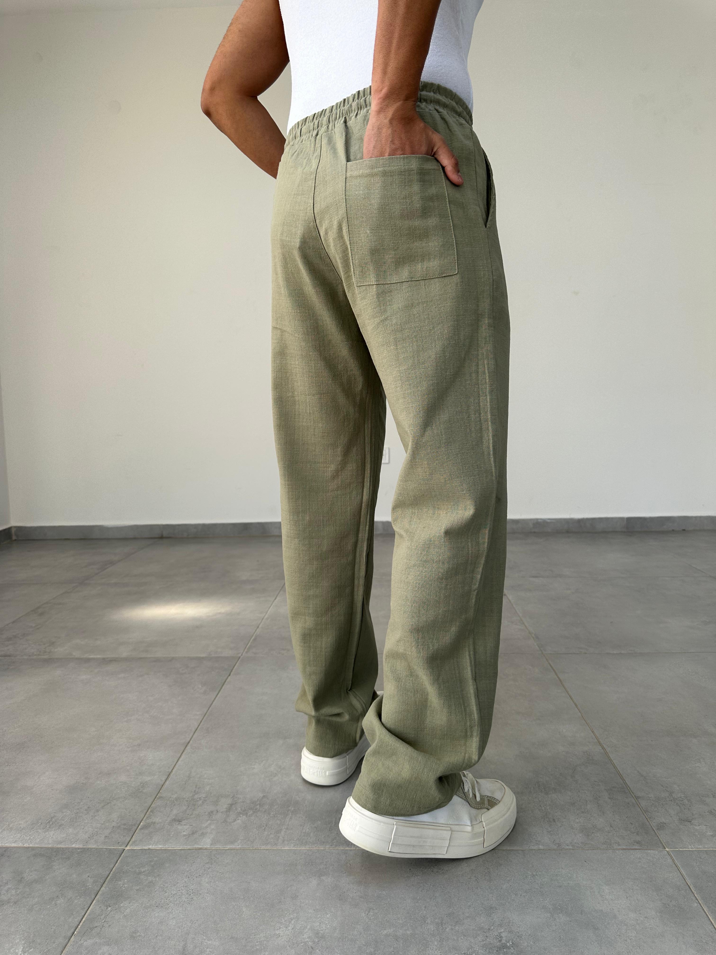 Haki Yeşili Bel Kısmı Lastikli Baggy Keten Pantolon