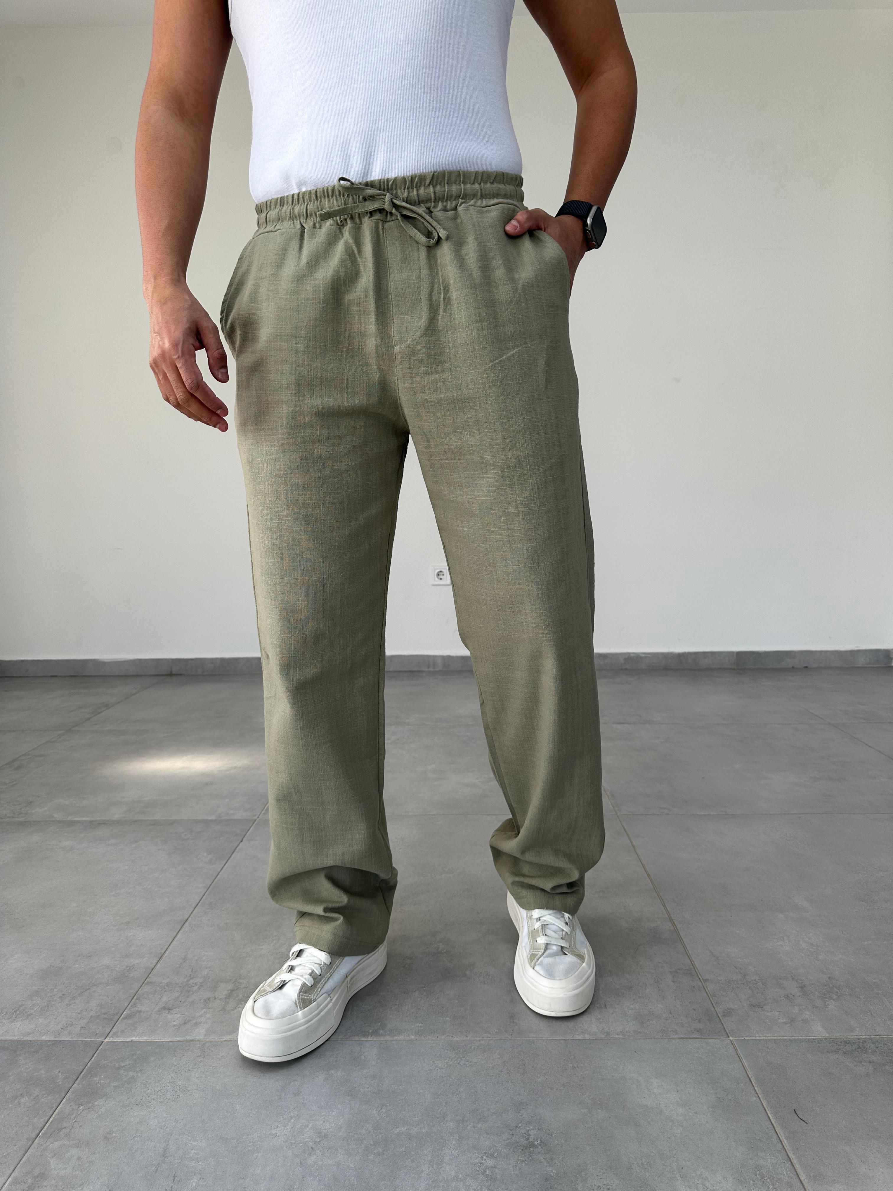 Haki Yeşili Bel Kısmı Lastikli Baggy Keten Pantolon