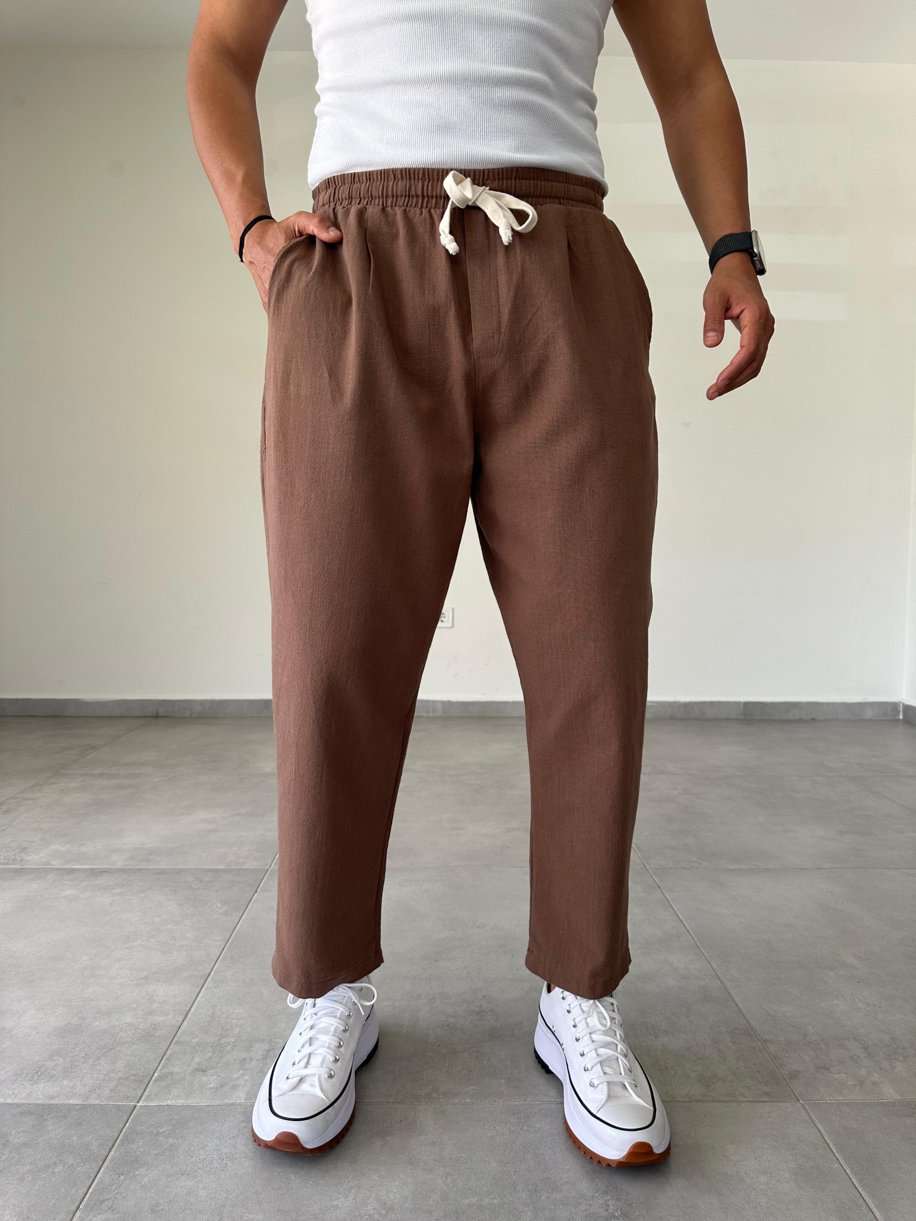 Havuç Kesim Kahve Renk Ön Kısmı Pile Detaylı Keten Pantolon