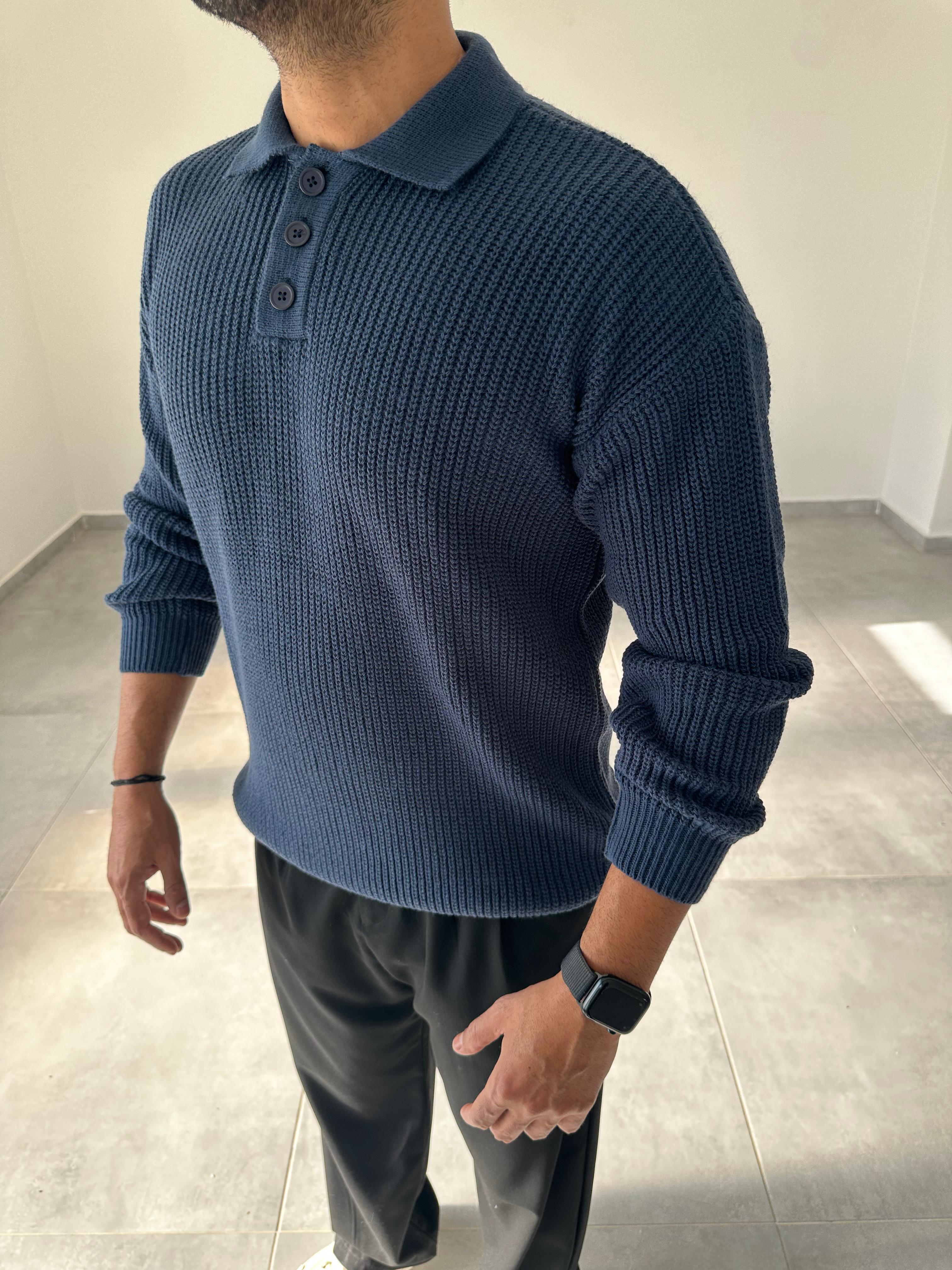 İndigo Renk Düğmeli Polo Yaka Oversize Örme Kazak