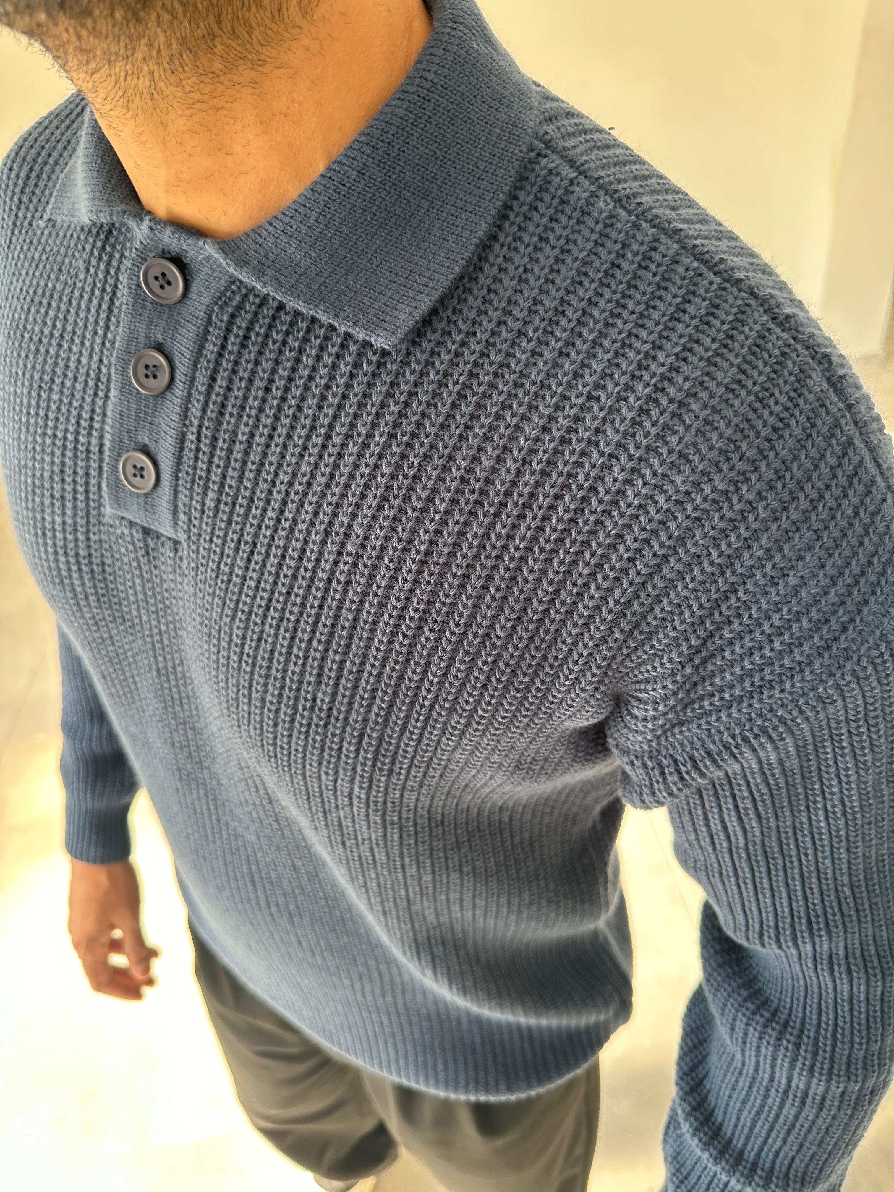 İndigo Renk Düğmeli Polo Yaka Oversize Örme Kazak