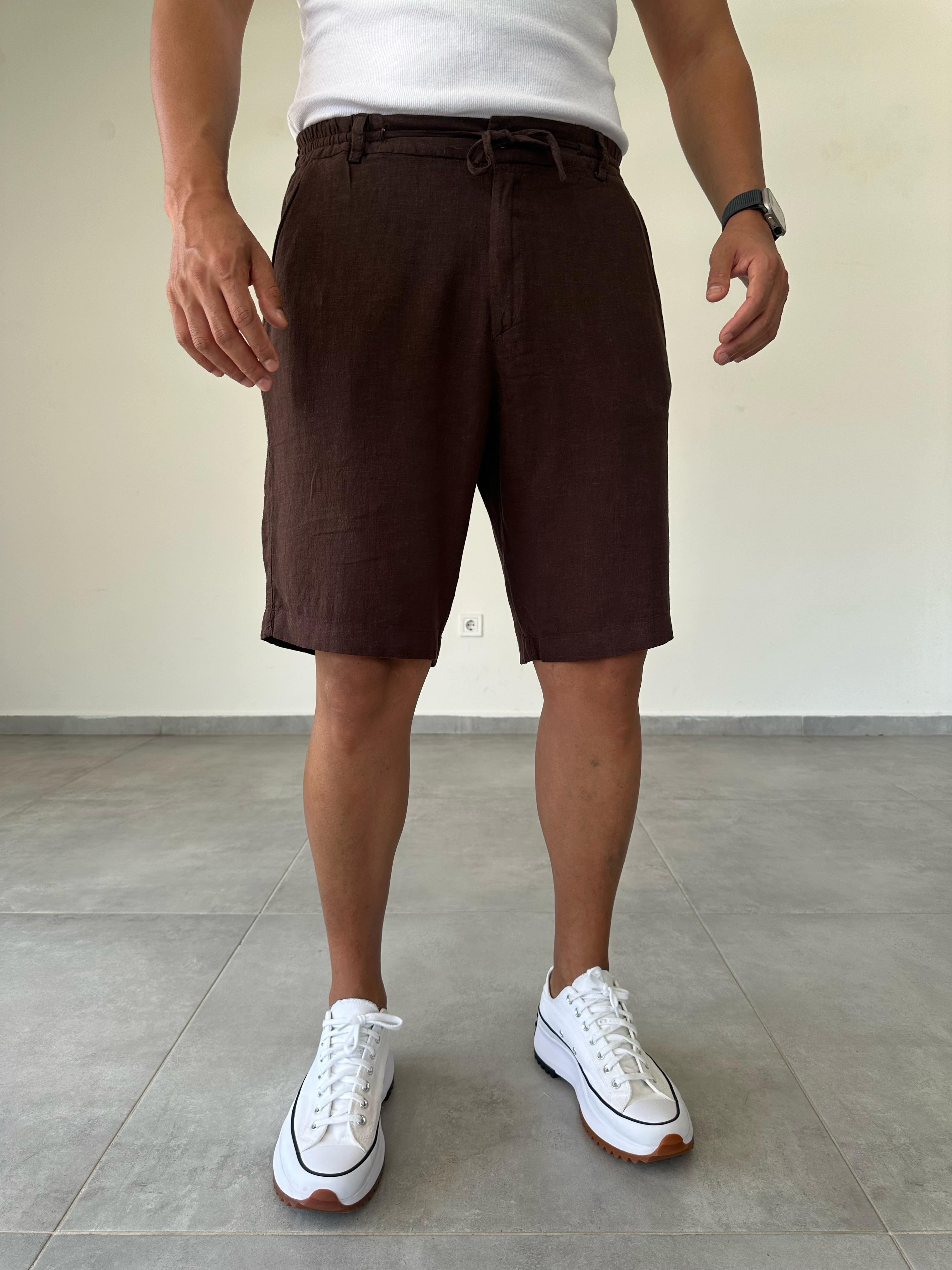 Kahve Renk Bel Kısmı Lastik Ve Bağcık Detaylı Yıkamalı Keten Şort