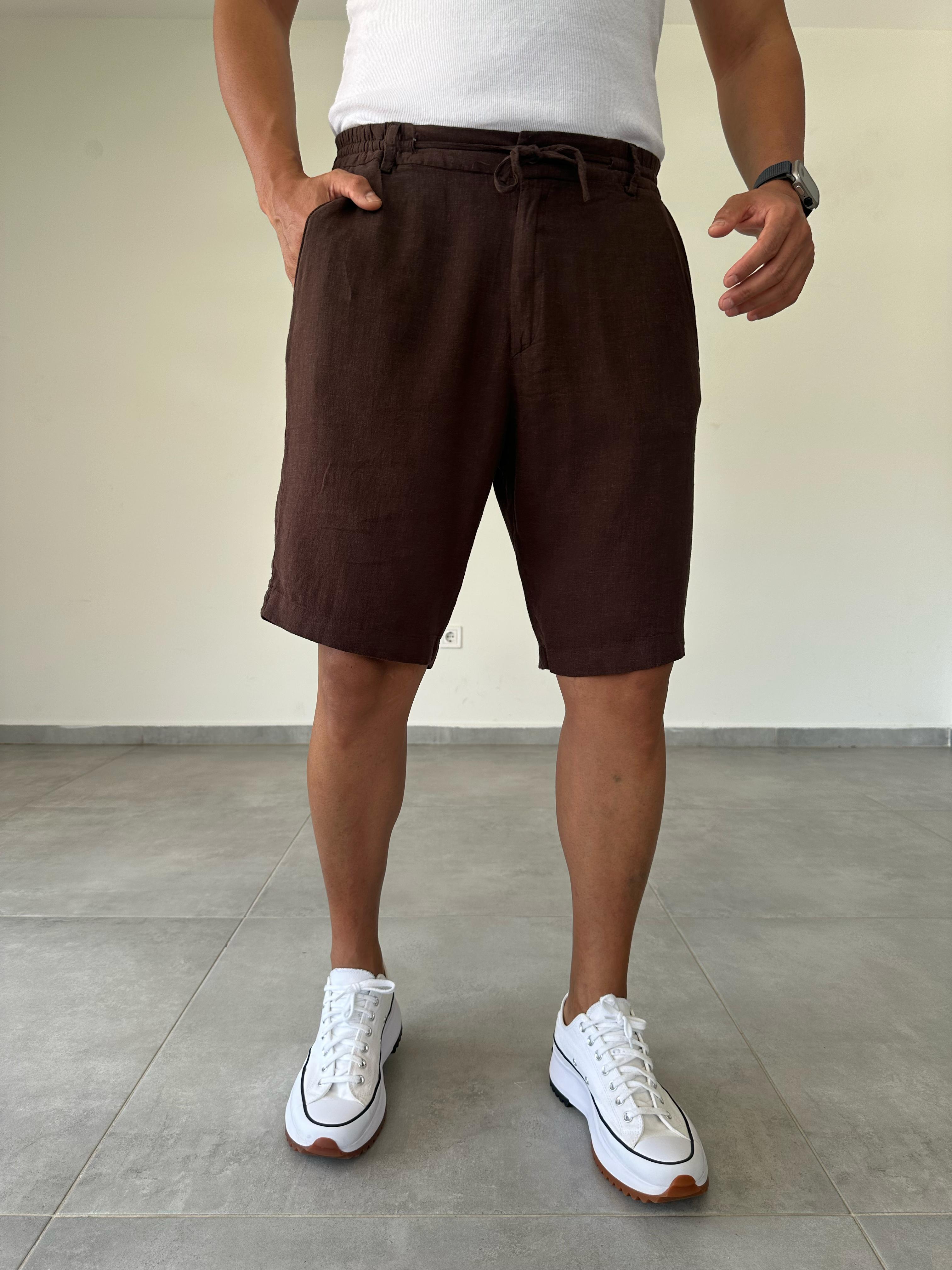 Kahve Renk Bel Kısmı Lastik Ve Bağcık Detaylı Yıkamalı Keten Şort