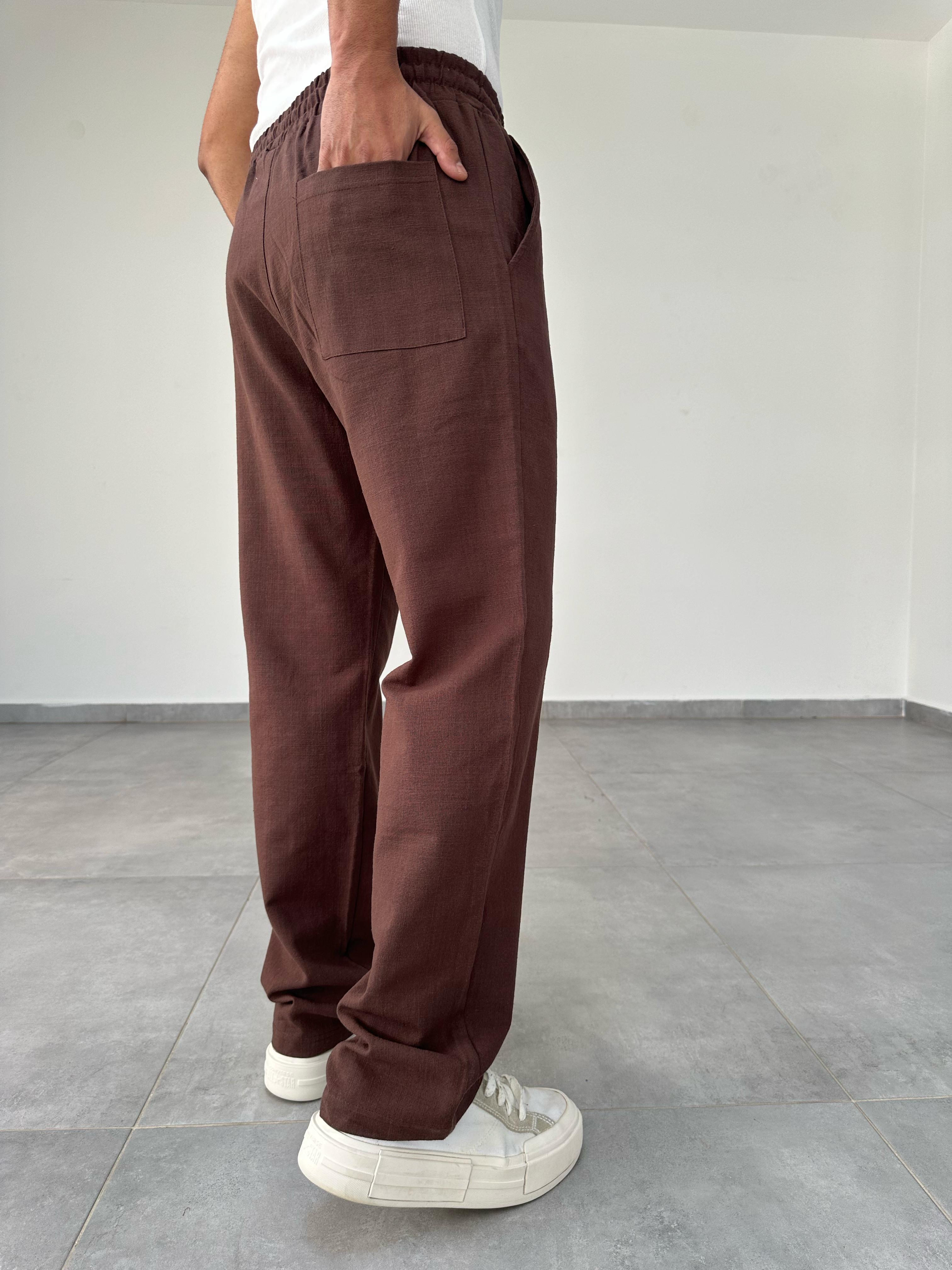 Kahve Renk Bel Kısmı Lastikli Baggy Keten Pantolon