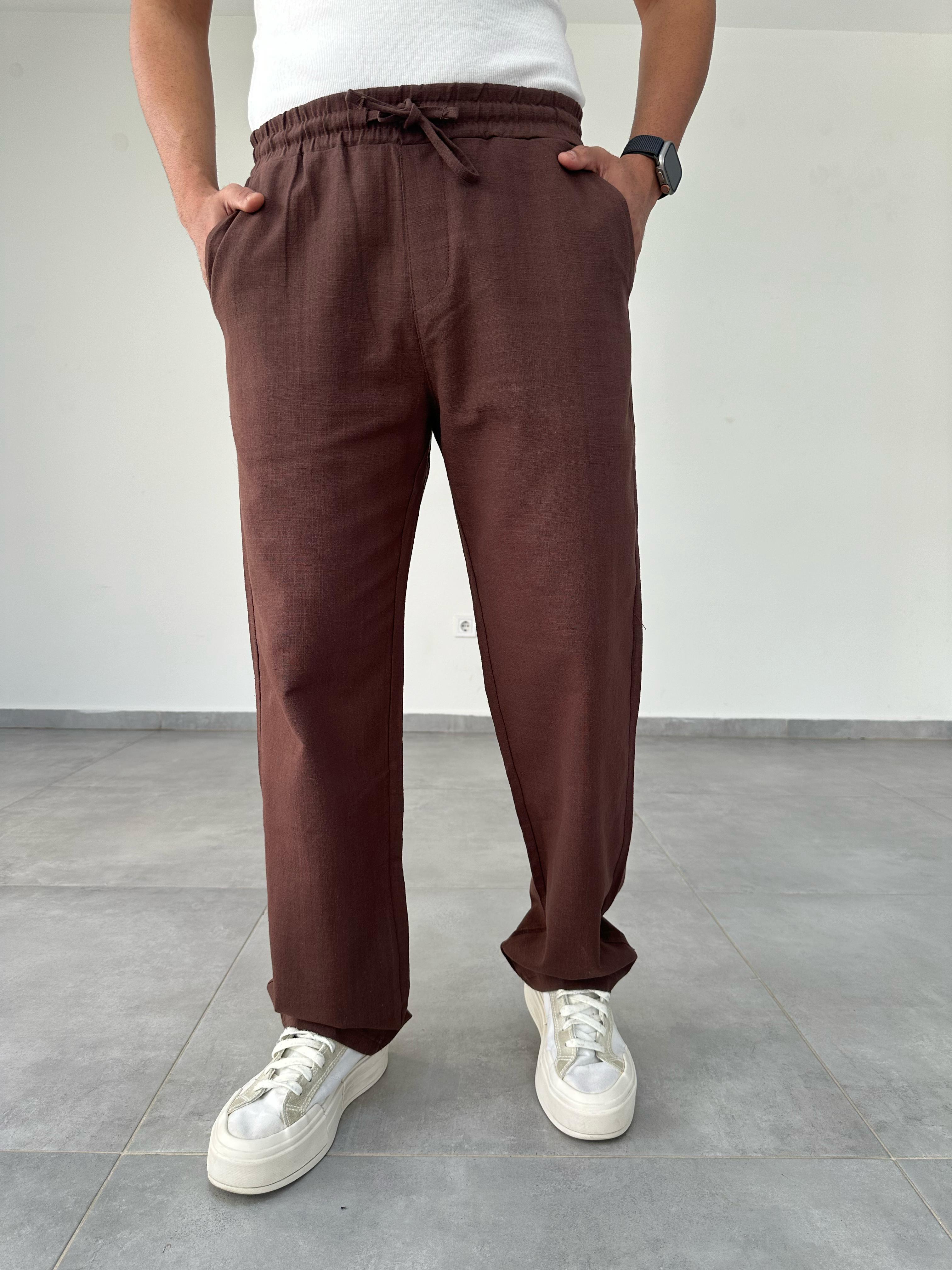 Kahve Renk Bel Kısmı Lastikli Baggy Keten Pantolon
