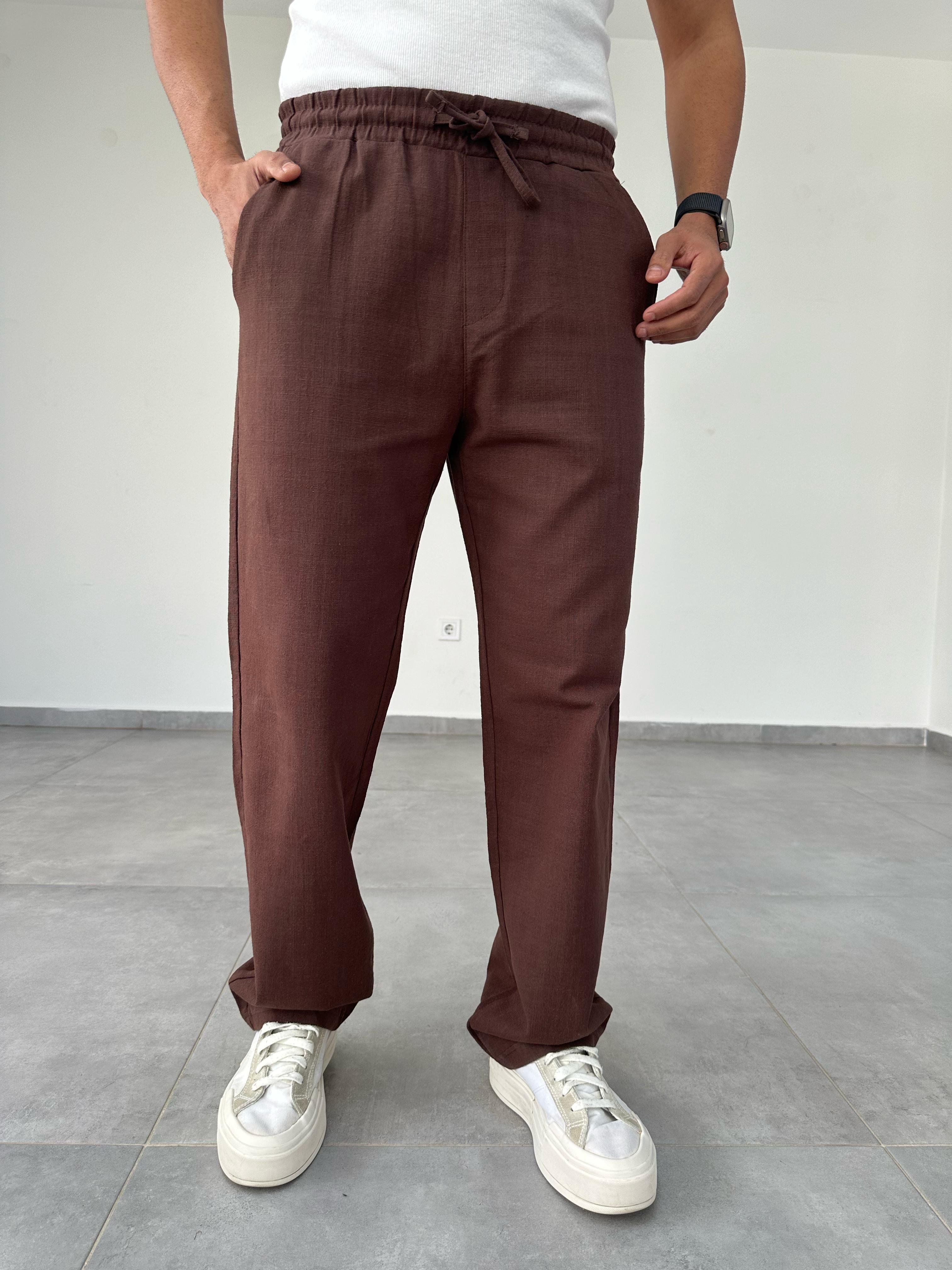 Kahve Renk Bel Kısmı Lastikli Baggy Keten Pantolon