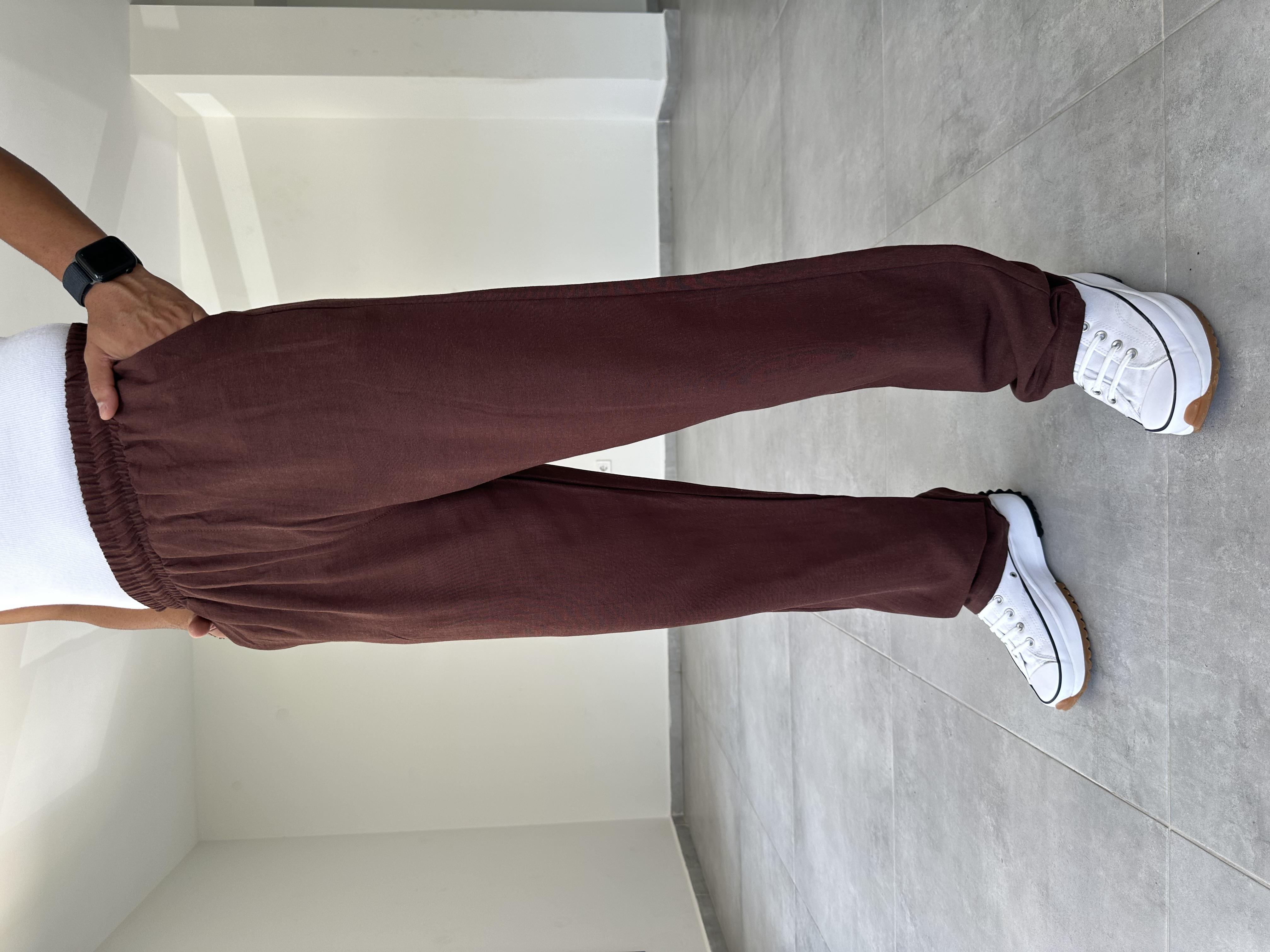 Kahve Renk Bel Kısmı Lastikli Ham Keten Baggy Pantolon