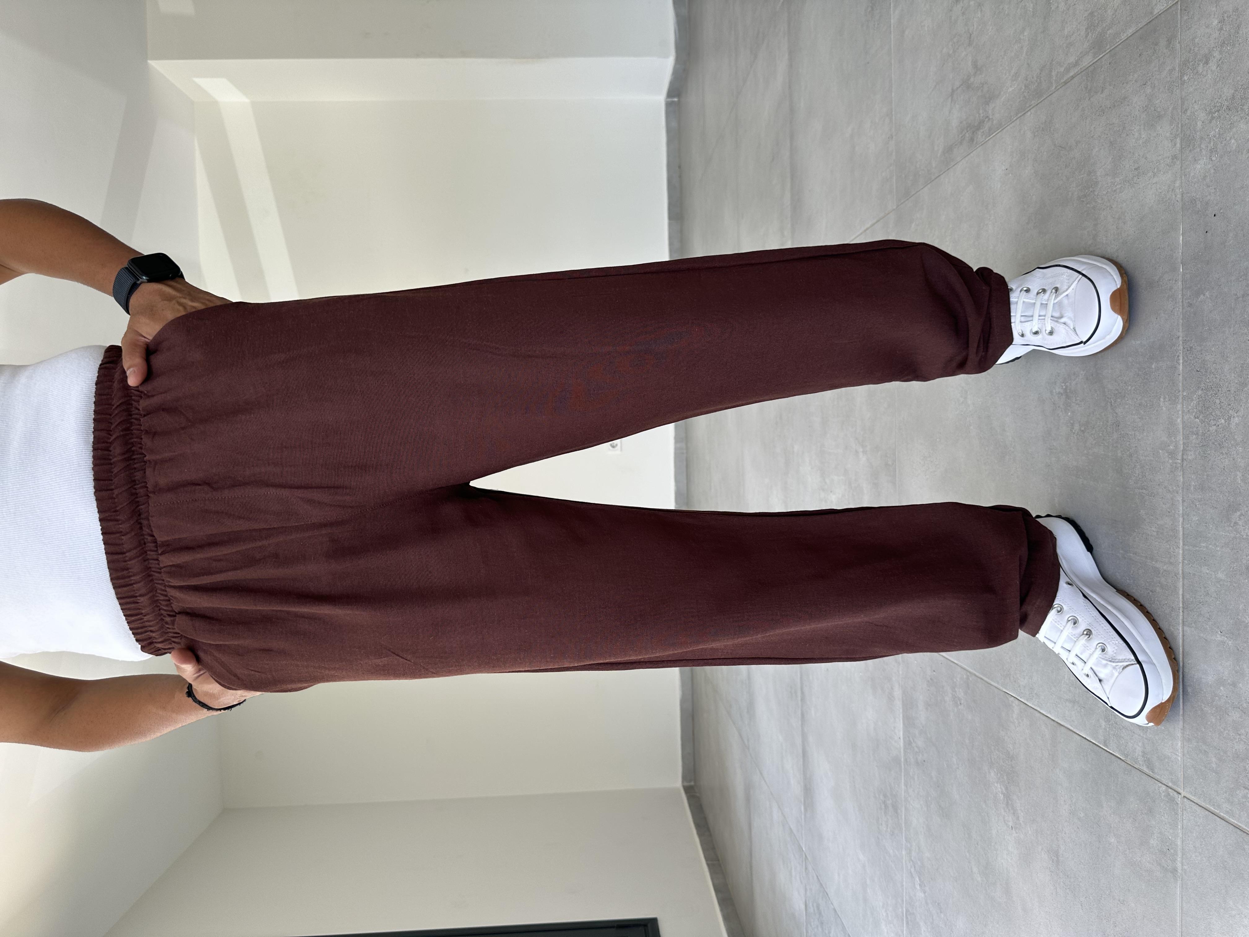 Kahve Renk Bel Kısmı Lastikli Ham Keten Baggy Pantolon