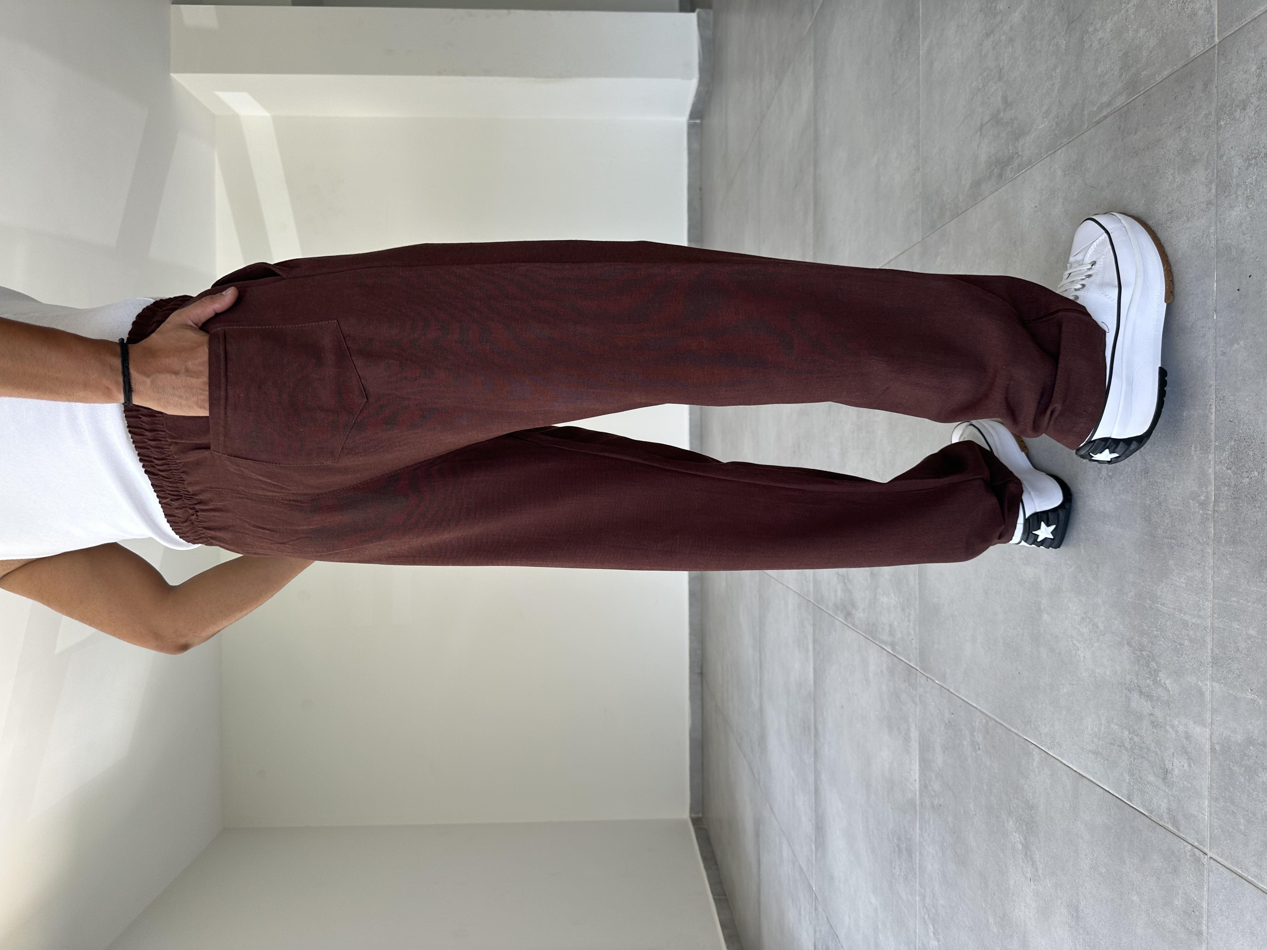 Kahve Renk Bel Kısmı Lastikli Ham Keten Baggy Pantolon