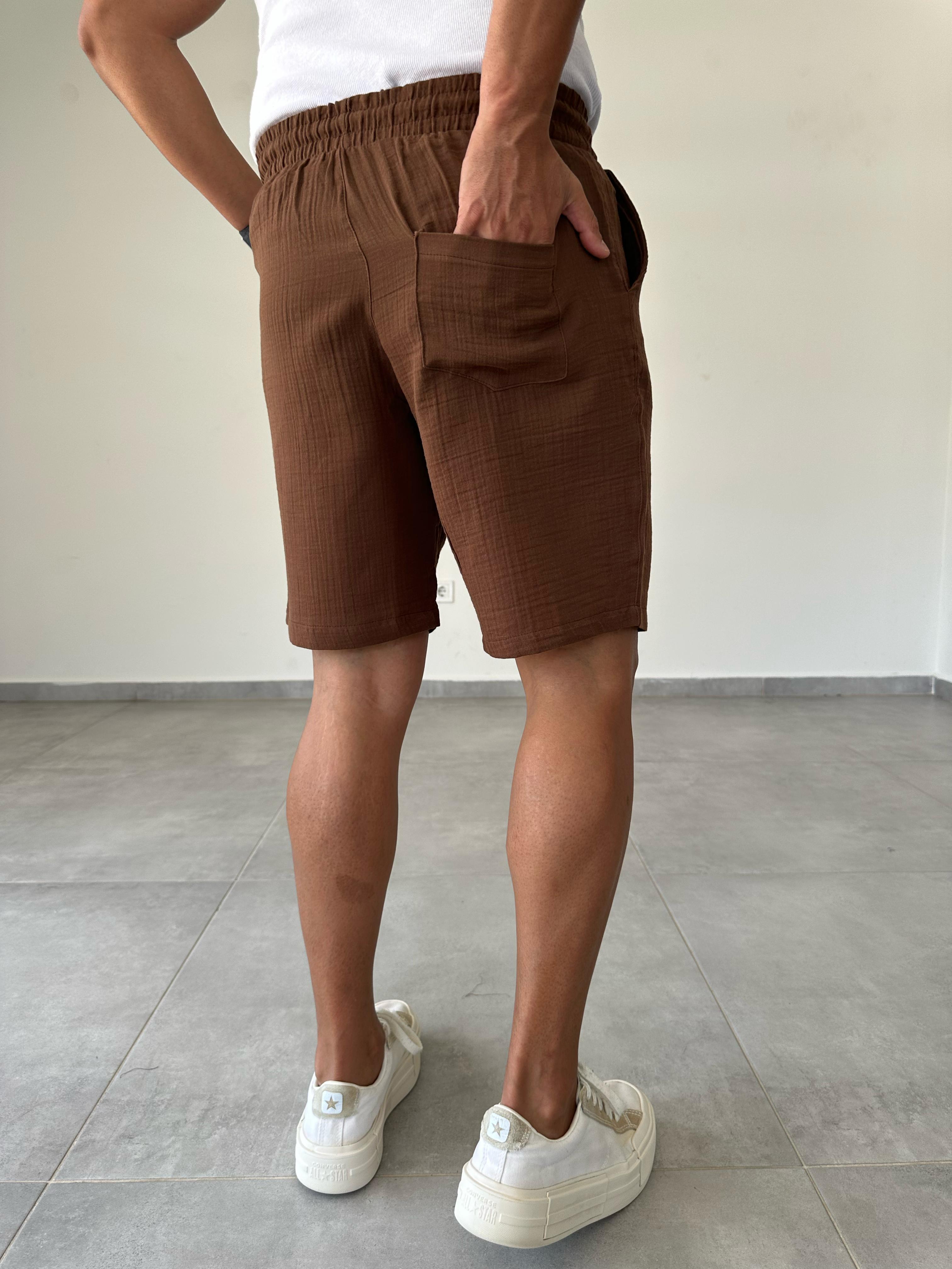 Kahve Renk Müslin Kumaş Relax Fit Basic Şort