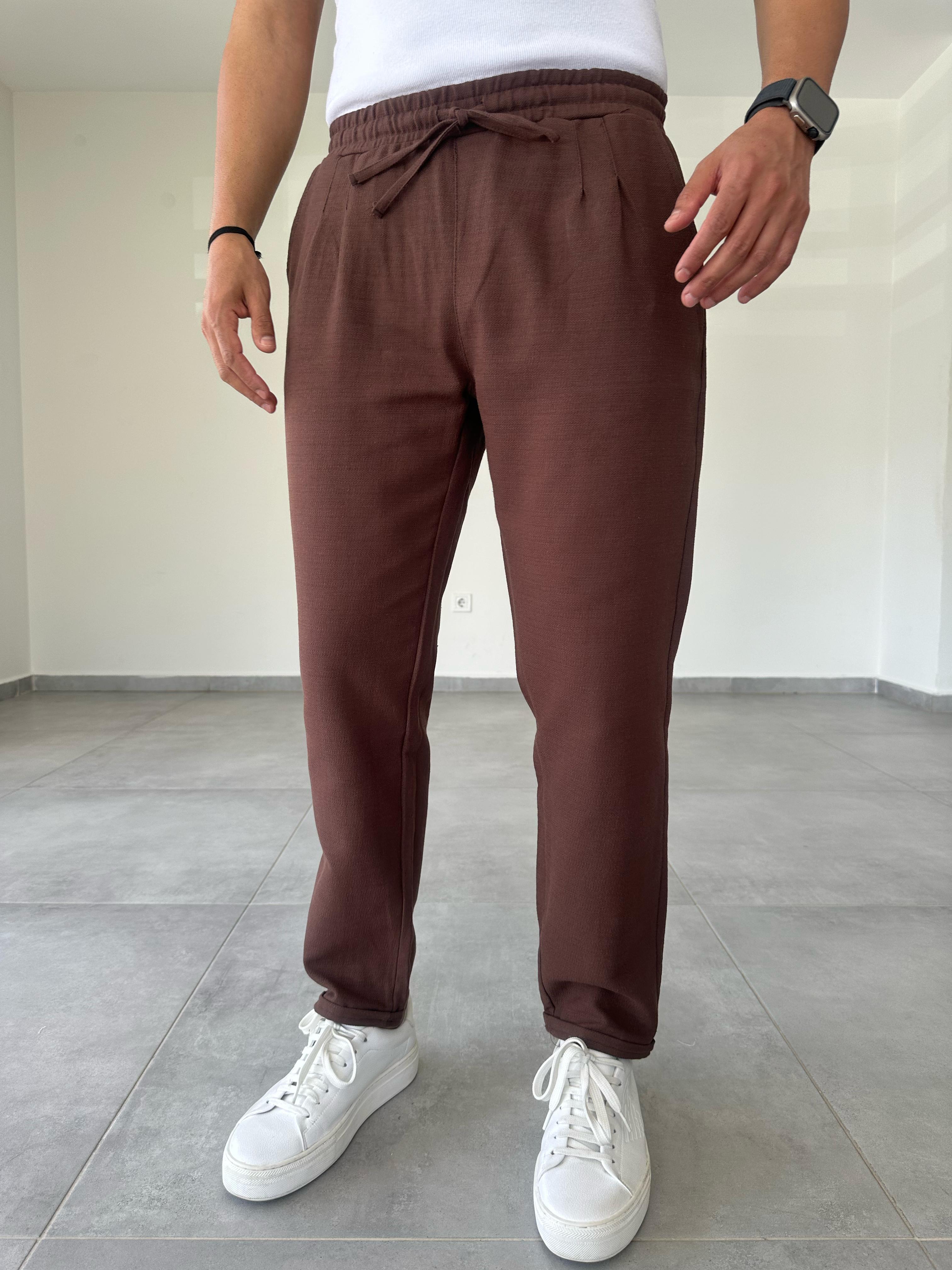 Kahve Renk Ön Kısmı Pile Detaylı Double Paça Keten Pantolon