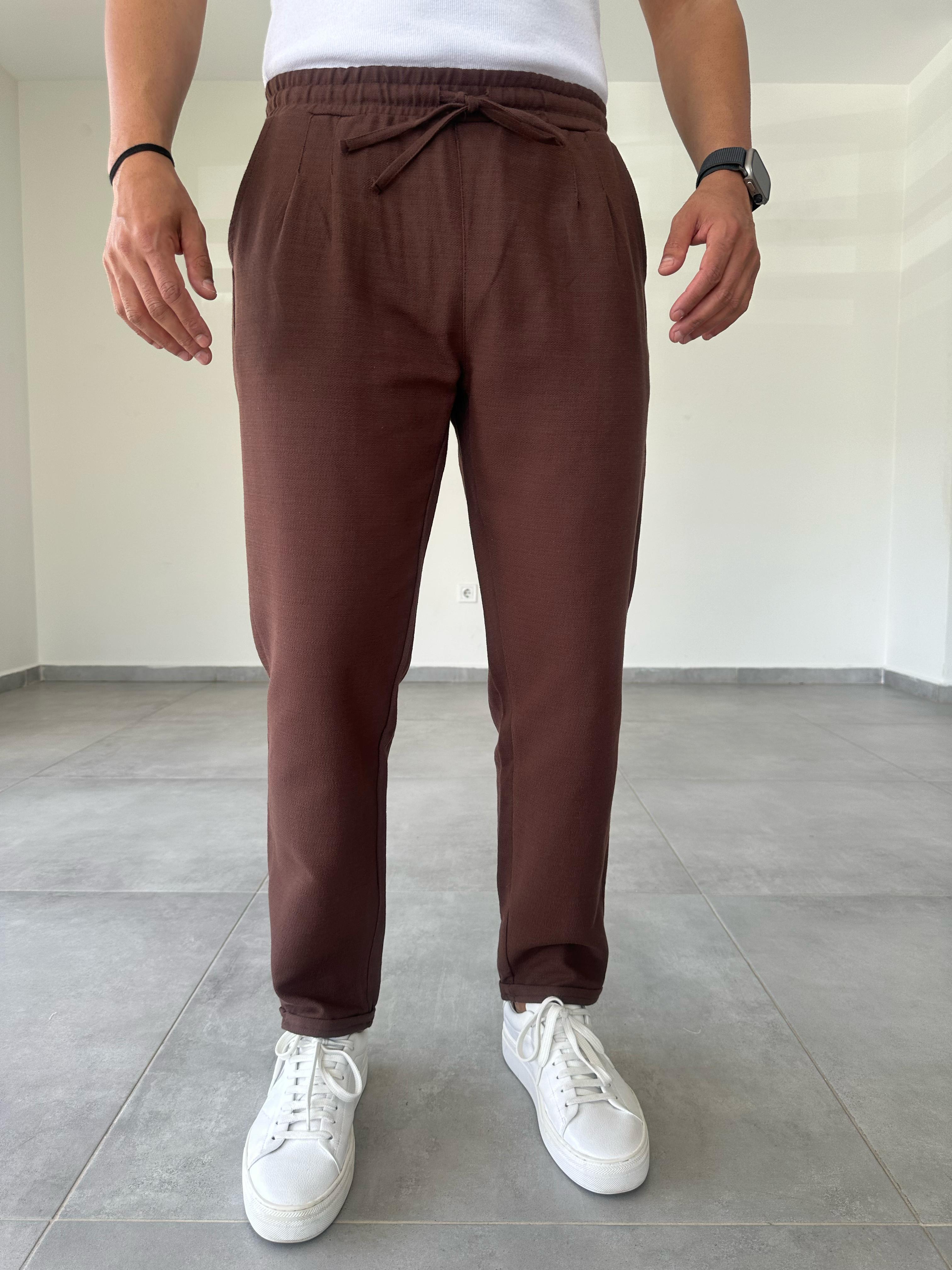 Kahve Renk Ön Kısmı Pile Detaylı Double Paça Keten Pantolon